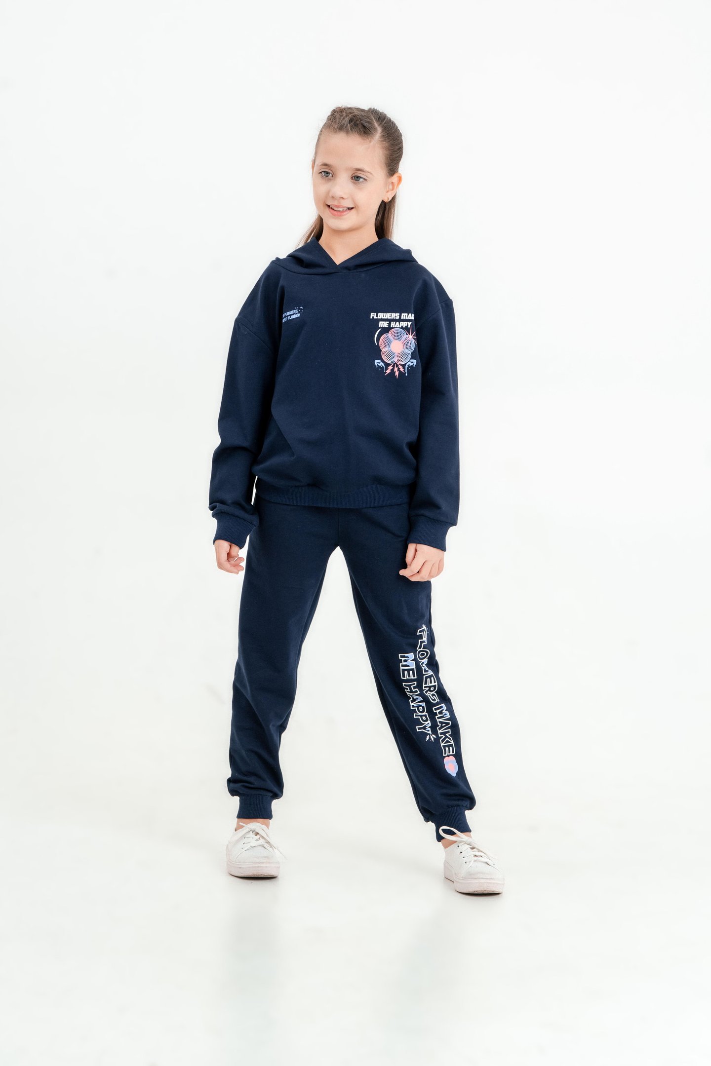 Flowers Make Me Baskılı Kapüşonlu Alt Üst Kız Çocuk Eşofman Takımı