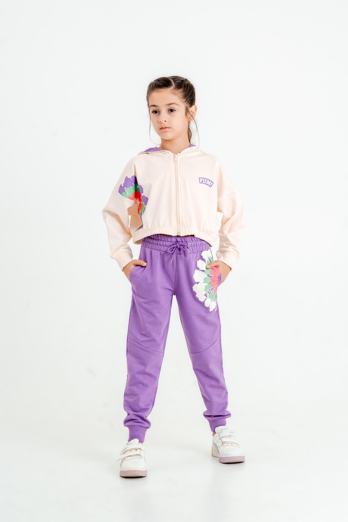 Fun Baskılı Kapüşonlu Alt Üst Kız Çocuk Eşofman Takımı
