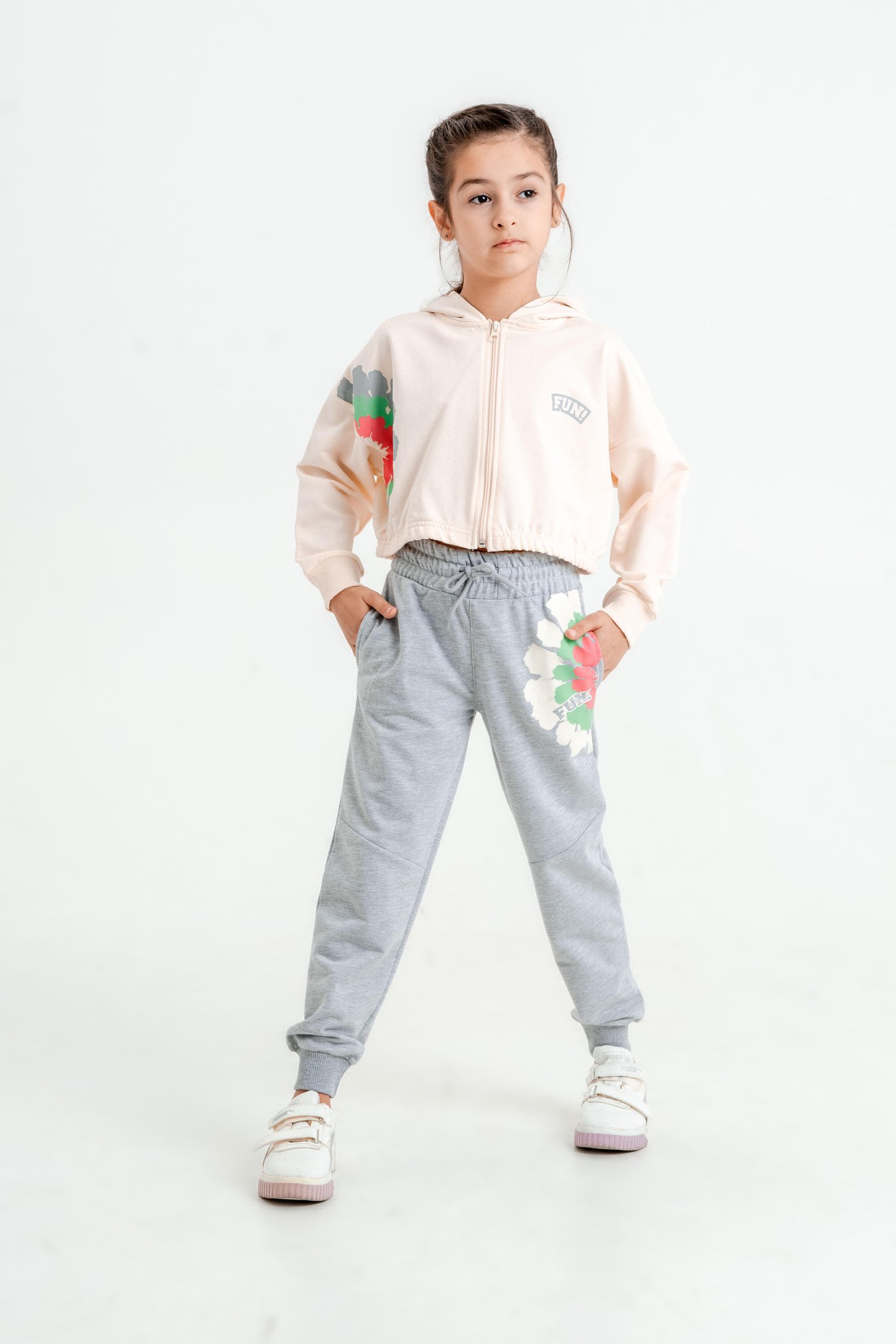 Fun Baskılı Kapüşonlu Alt Üst Kız Çocuk Eşofman Takımı