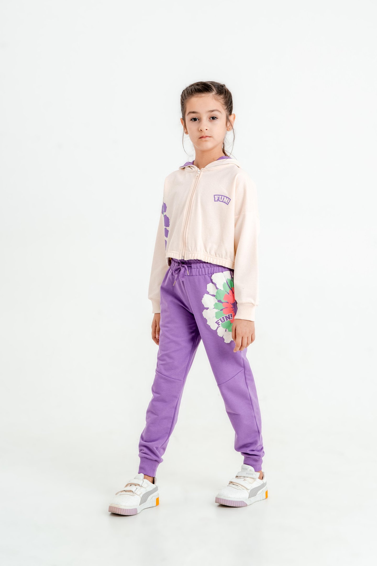 Fun Baskılı Kapüşonlu Alt Üst Kız Çocuk Eşofman Takımı