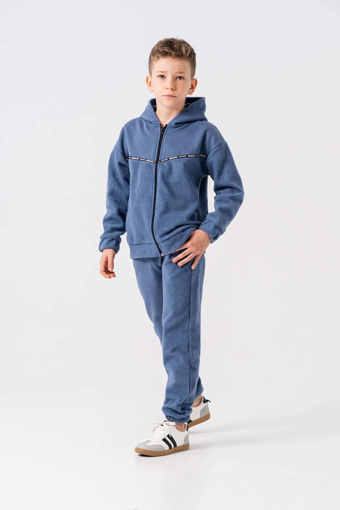 Generation Casual Brand Yazılı Şerit Baskılı Polar Erkek Çocuk Alt-Üst Eşofman Takımı