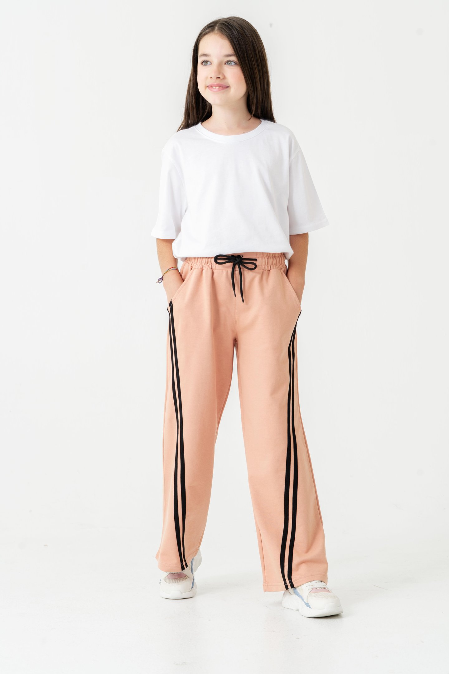 Geniş Paçalı Balık Sırtı Yanları Şeritli Kız Çocuk Eşofman Altı