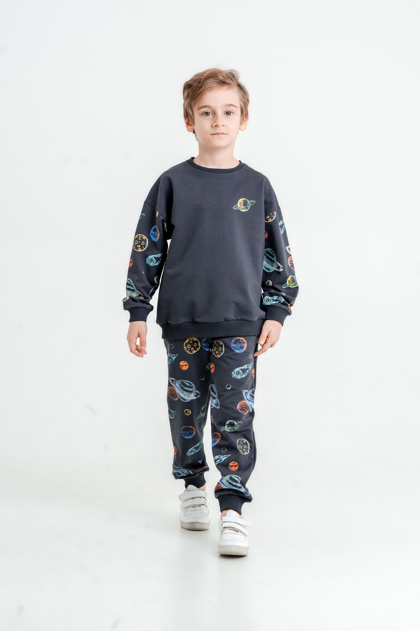 Gezegen Baskılı Bisiklet Yaka Alt Üst Çocuk Eşofman Takımı