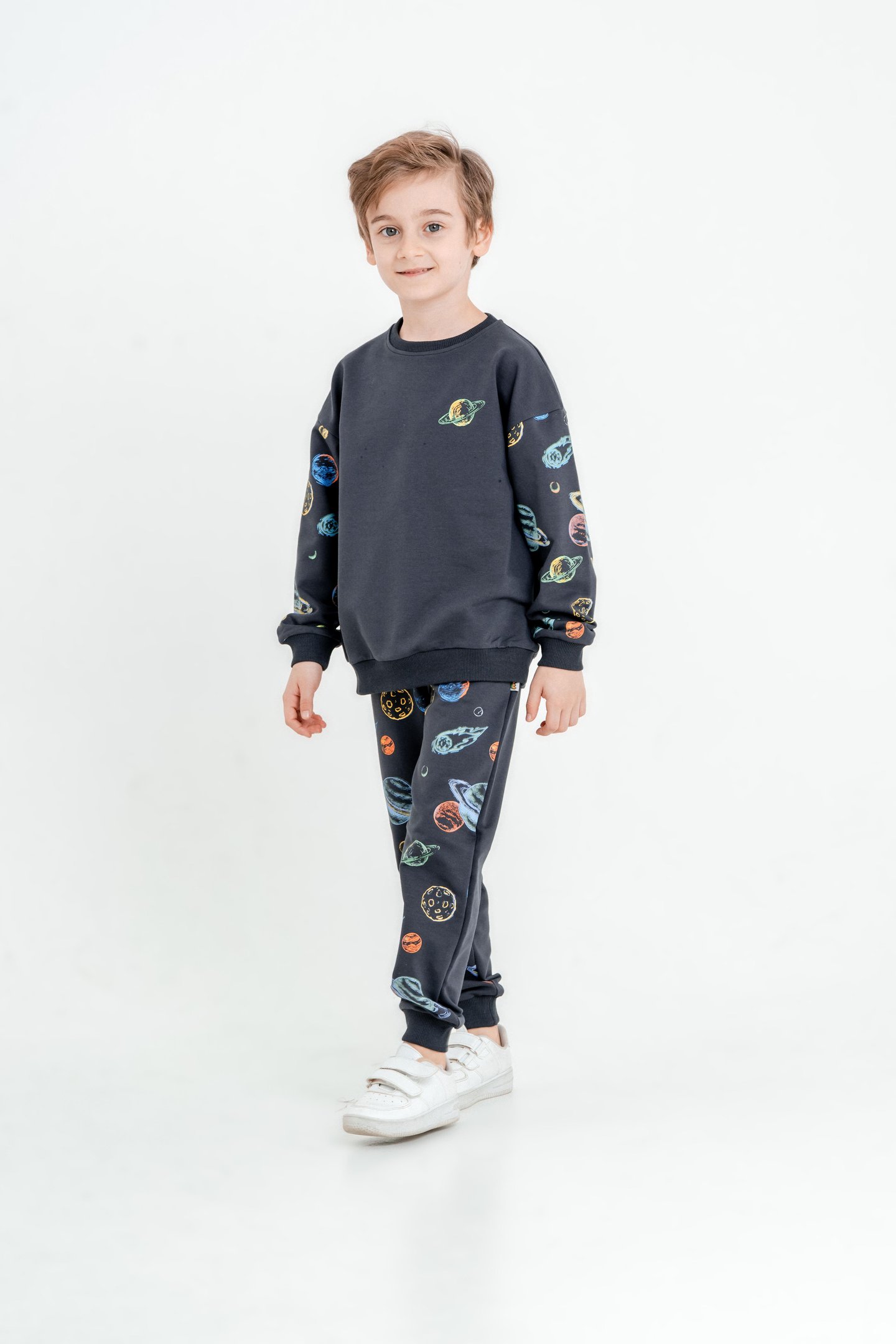 Gezegen Baskılı Bisiklet Yaka Alt Üst Çocuk Eşofman Takımı