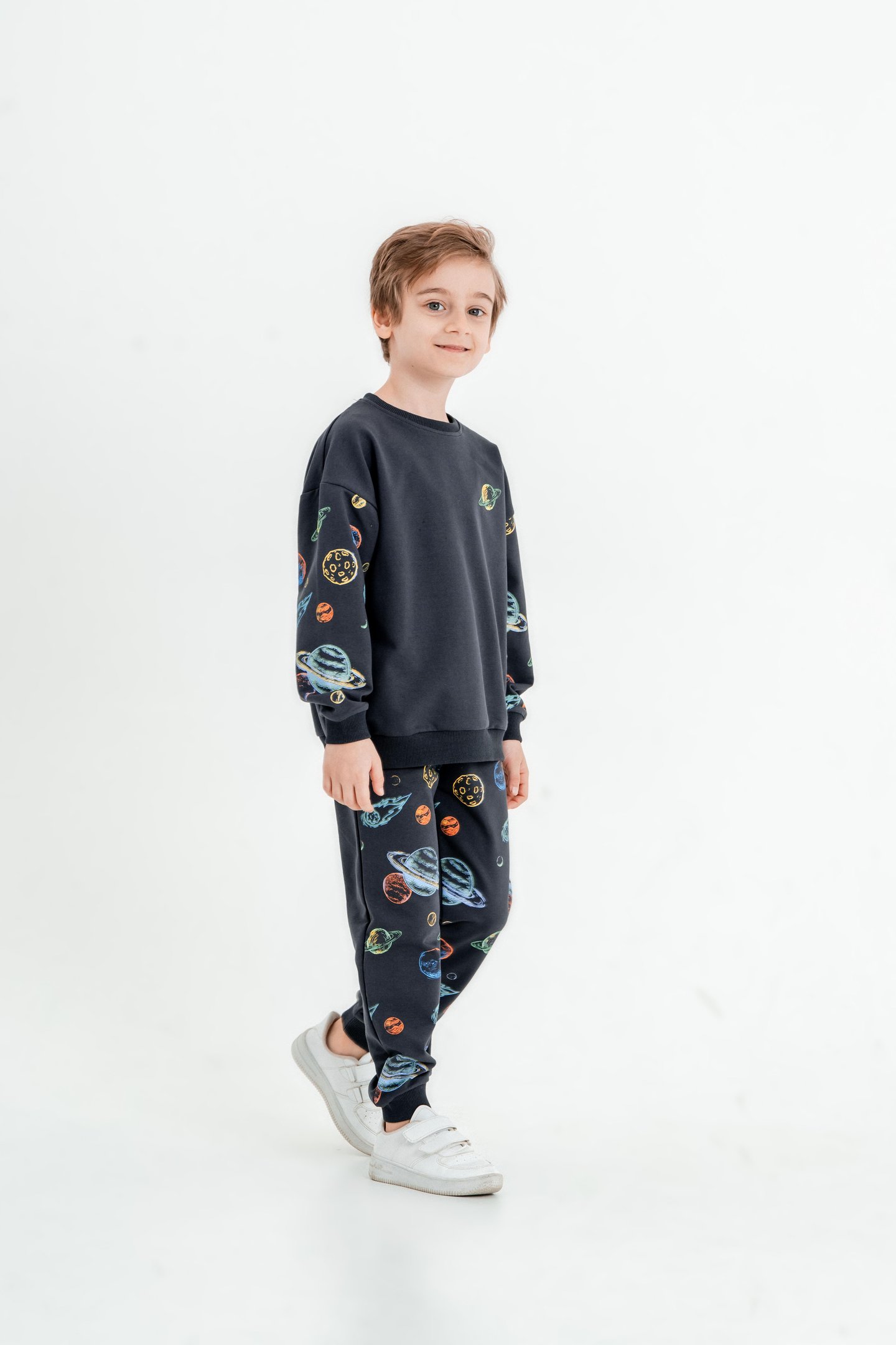 Gezegen Baskılı Bisiklet Yaka Alt Üst Çocuk Eşofman Takımı