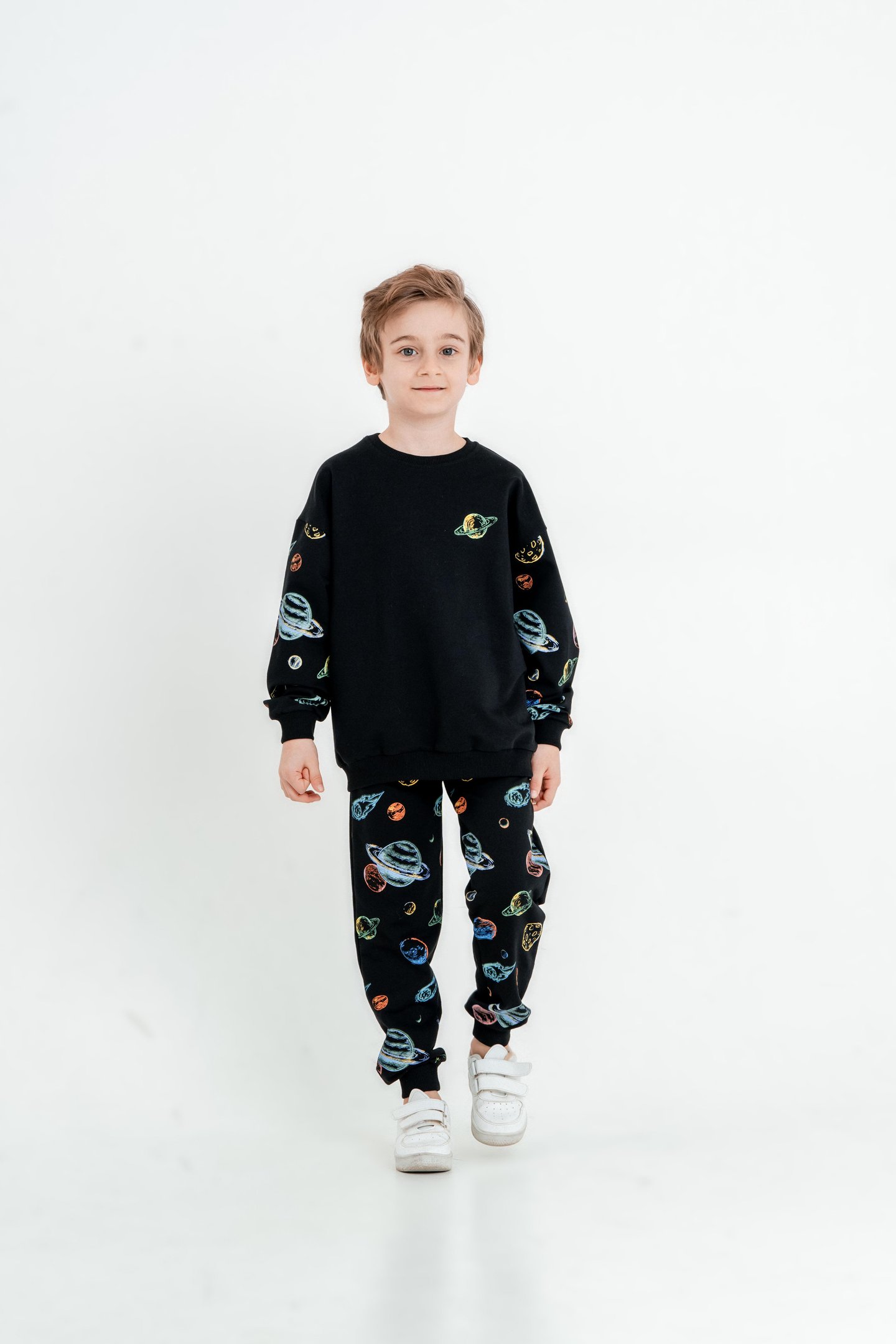 Gezegen Baskılı Bisiklet Yaka Alt Üst Çocuk Eşofman Takımı