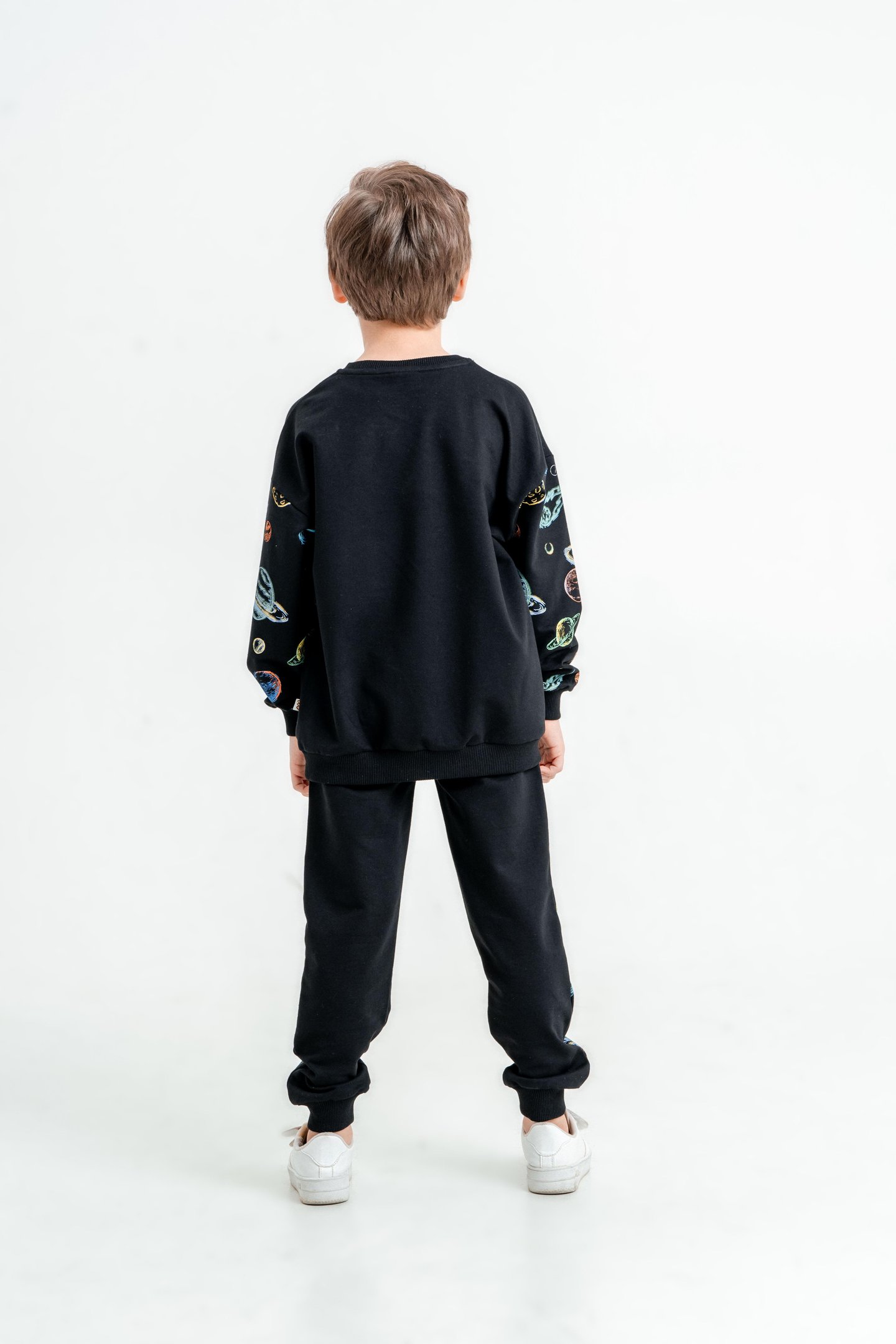 Gezegen Baskılı Bisiklet Yaka Alt Üst Çocuk Eşofman Takımı