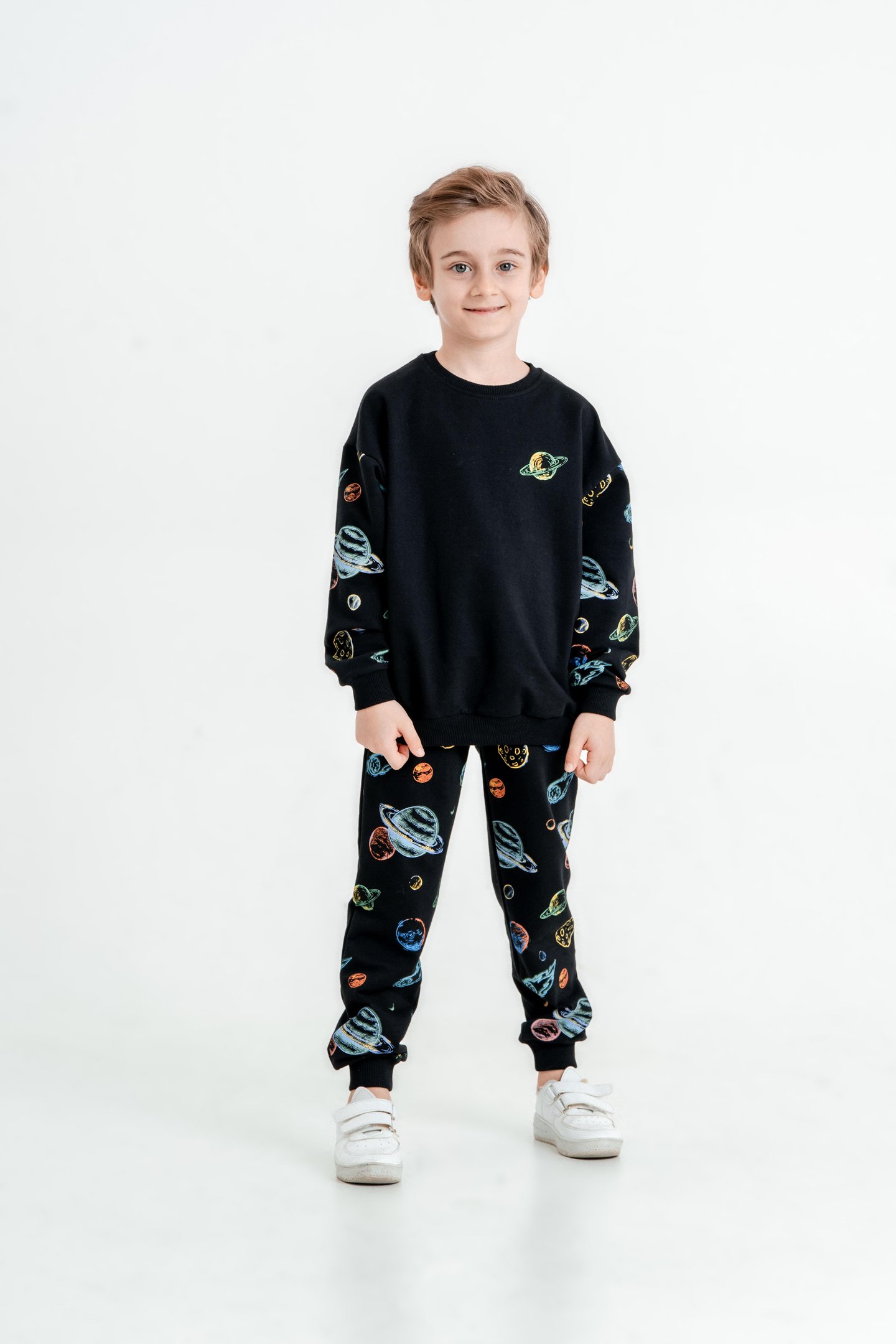 Gezegen Baskılı Bisiklet Yaka Alt Üst Çocuk Eşofman Takımı