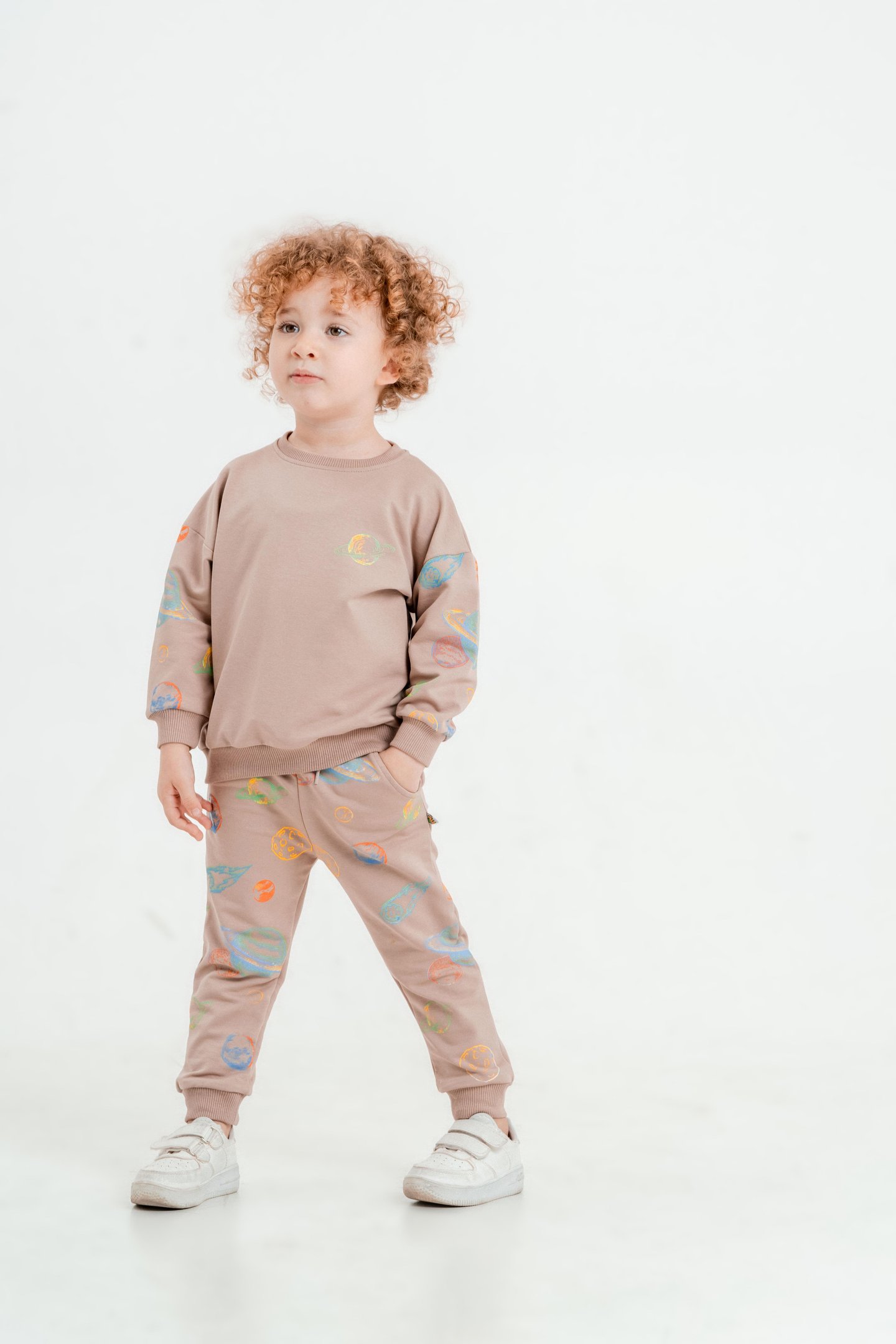 Gezegen Baskılı Bisiklet Yaka Alt Üst Çocuk Eşofman Takımı