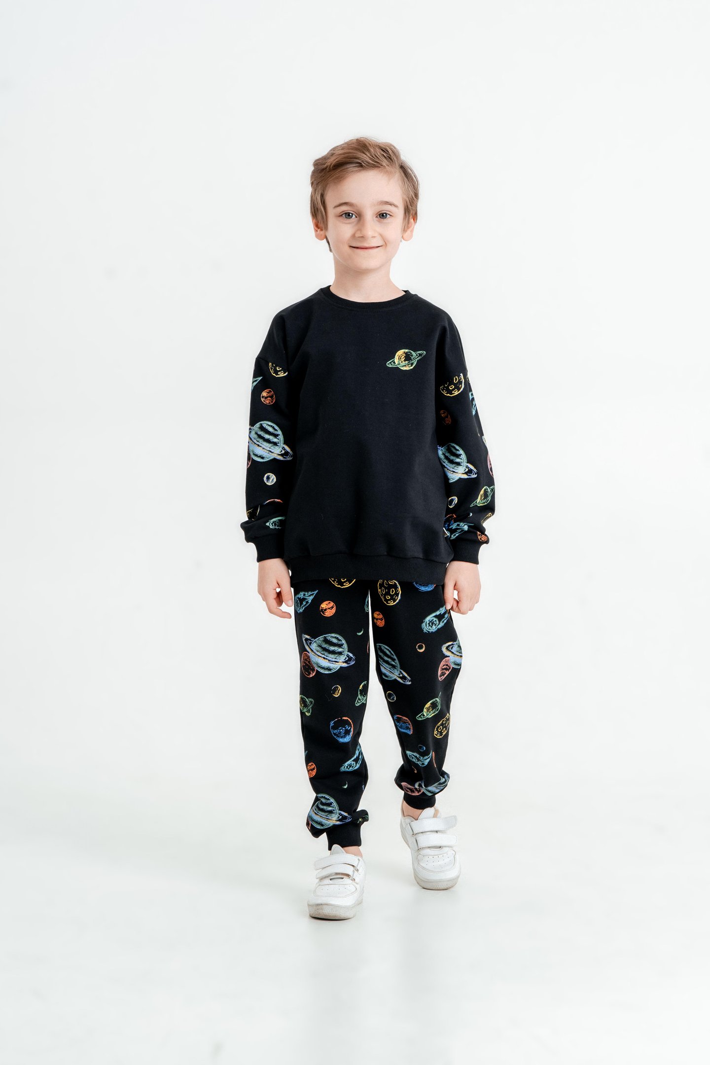 Gezegen Baskılı Bisiklet Yaka Alt Üst Çocuk Eşofman Takımı