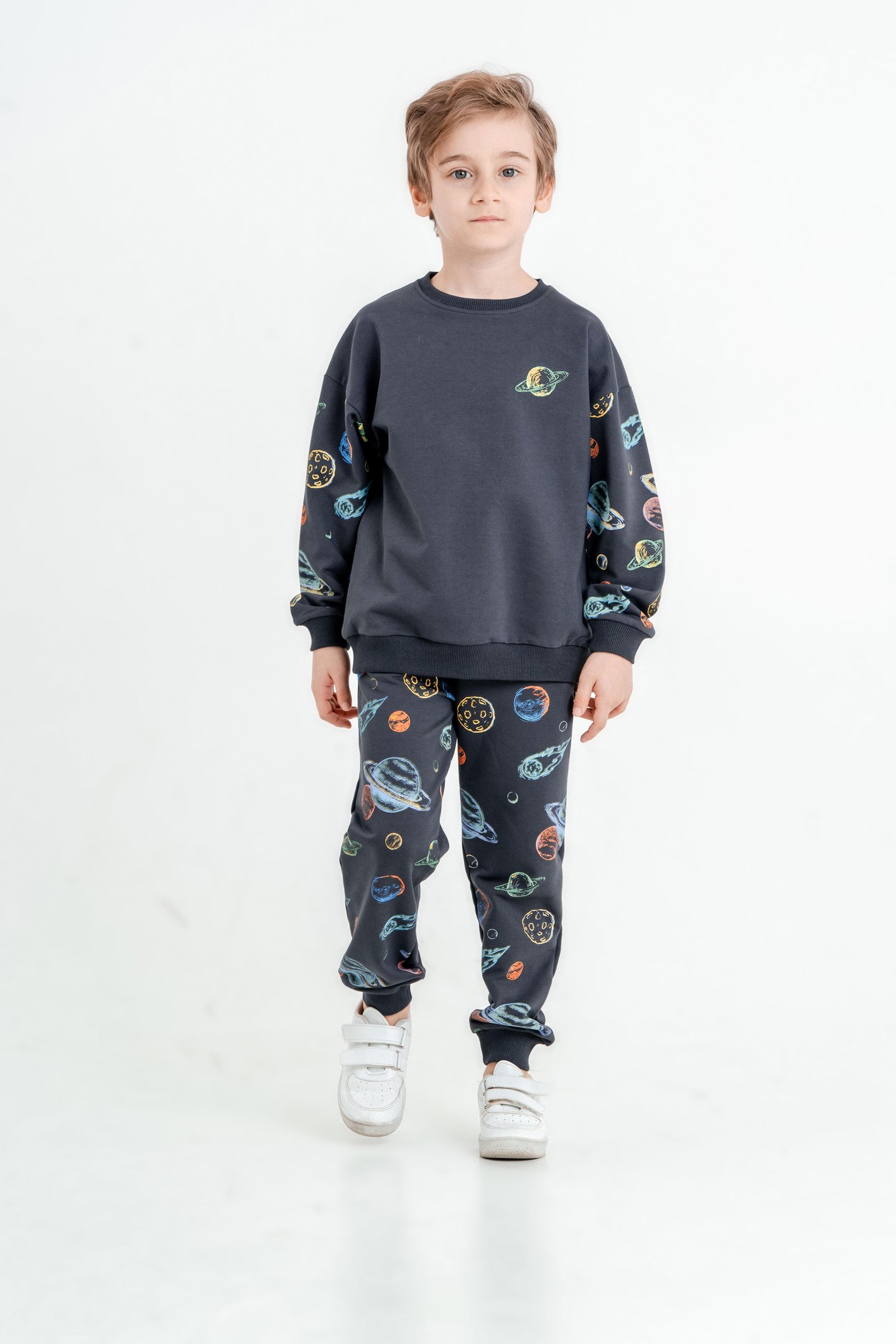 Gezegen Baskılı Bisiklet Yaka Alt Üst Çocuk Eşofman Takımı