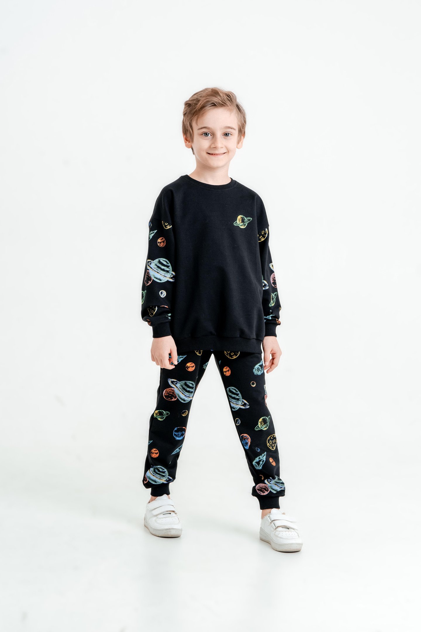 Gezegen Baskılı Bisiklet Yaka Alt Üst Çocuk Eşofman Takımı