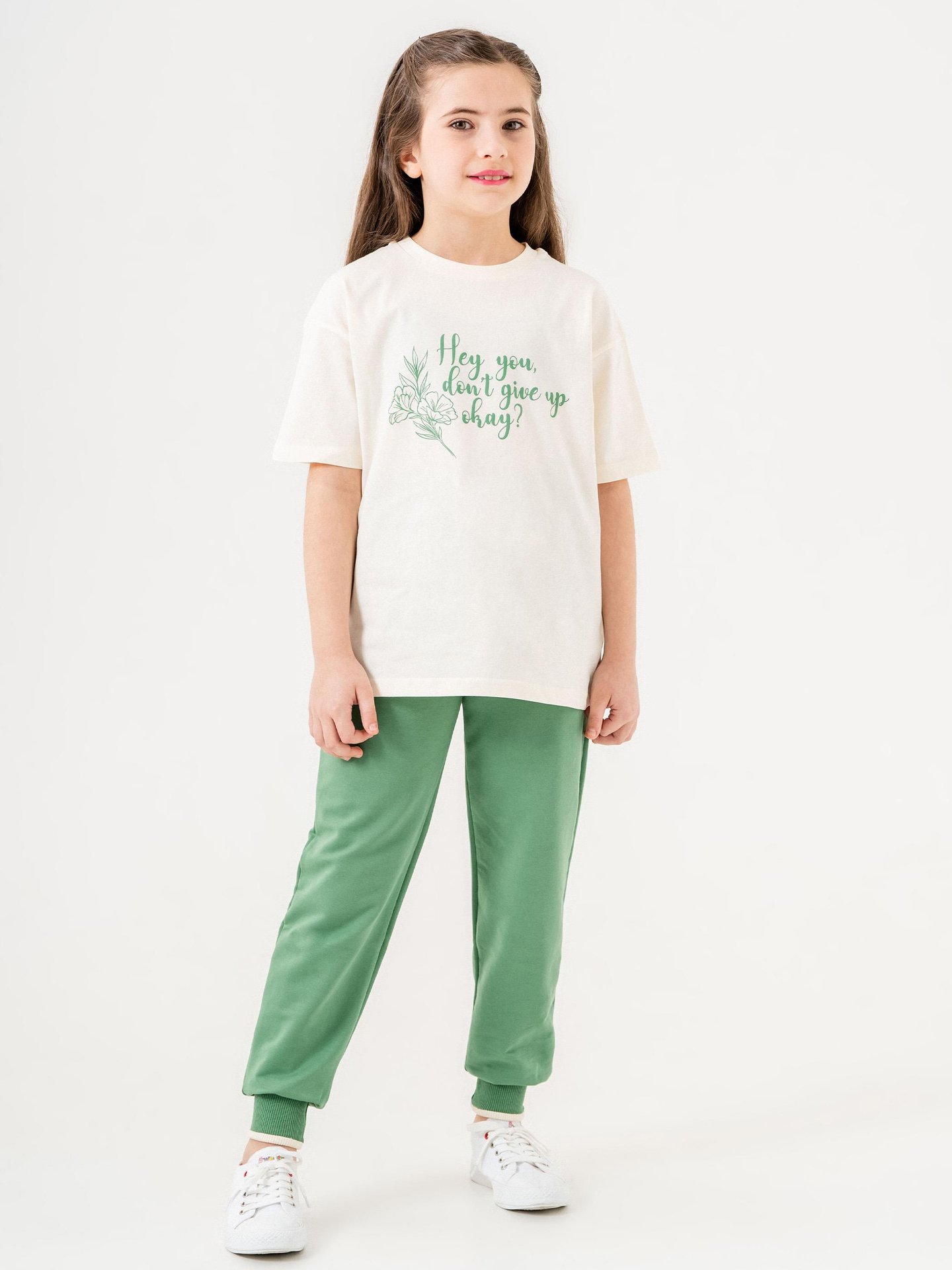 Hey You Dont Give Up Okay? Baskılı Kız Çocuk Eşofman Tişört Takımı