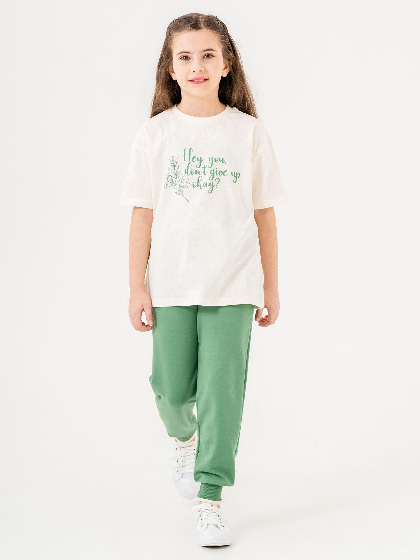 Hey You Dont Give Up Okay? Baskılı Kız Çocuk Eşofman Tişört Takımı