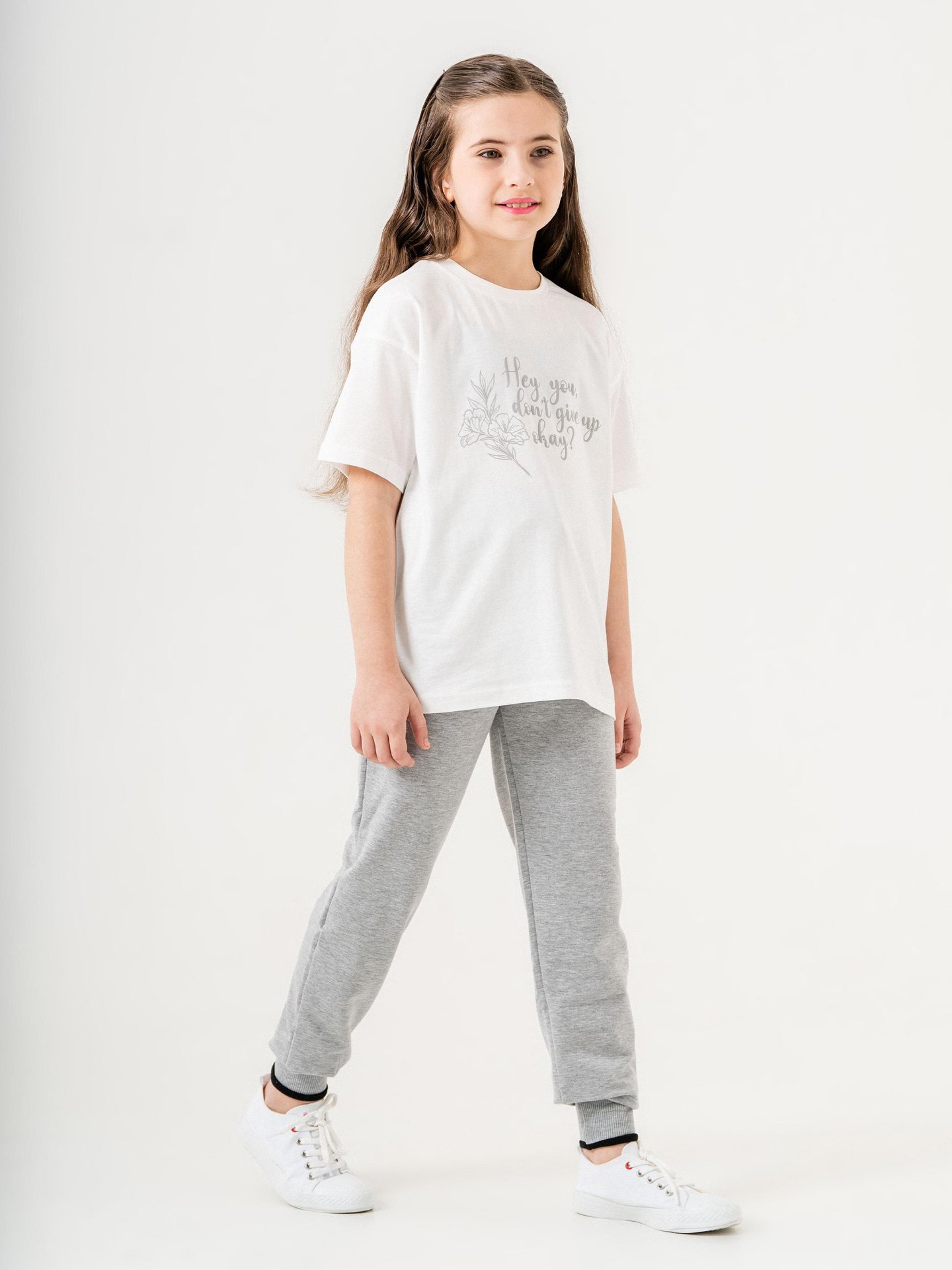 Hey You Dont Give Up Okay? Baskılı Kız Çocuk Eşofman Tişört Takımı