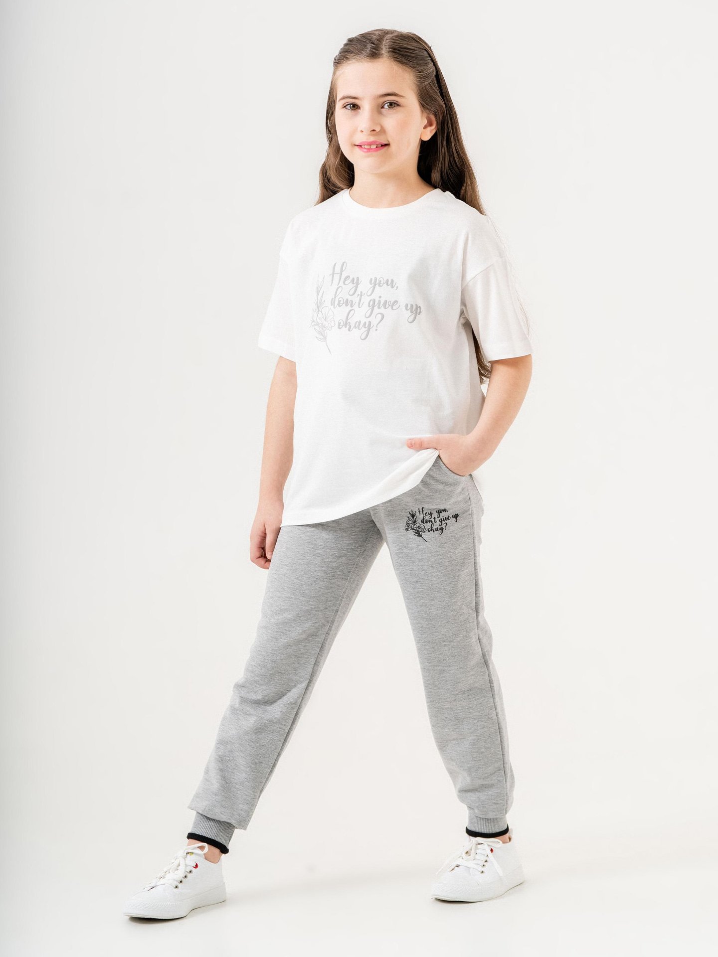 Hey You Dont Give Up Okay? Baskılı Kız Çocuk Eşofman Tişört Takımı