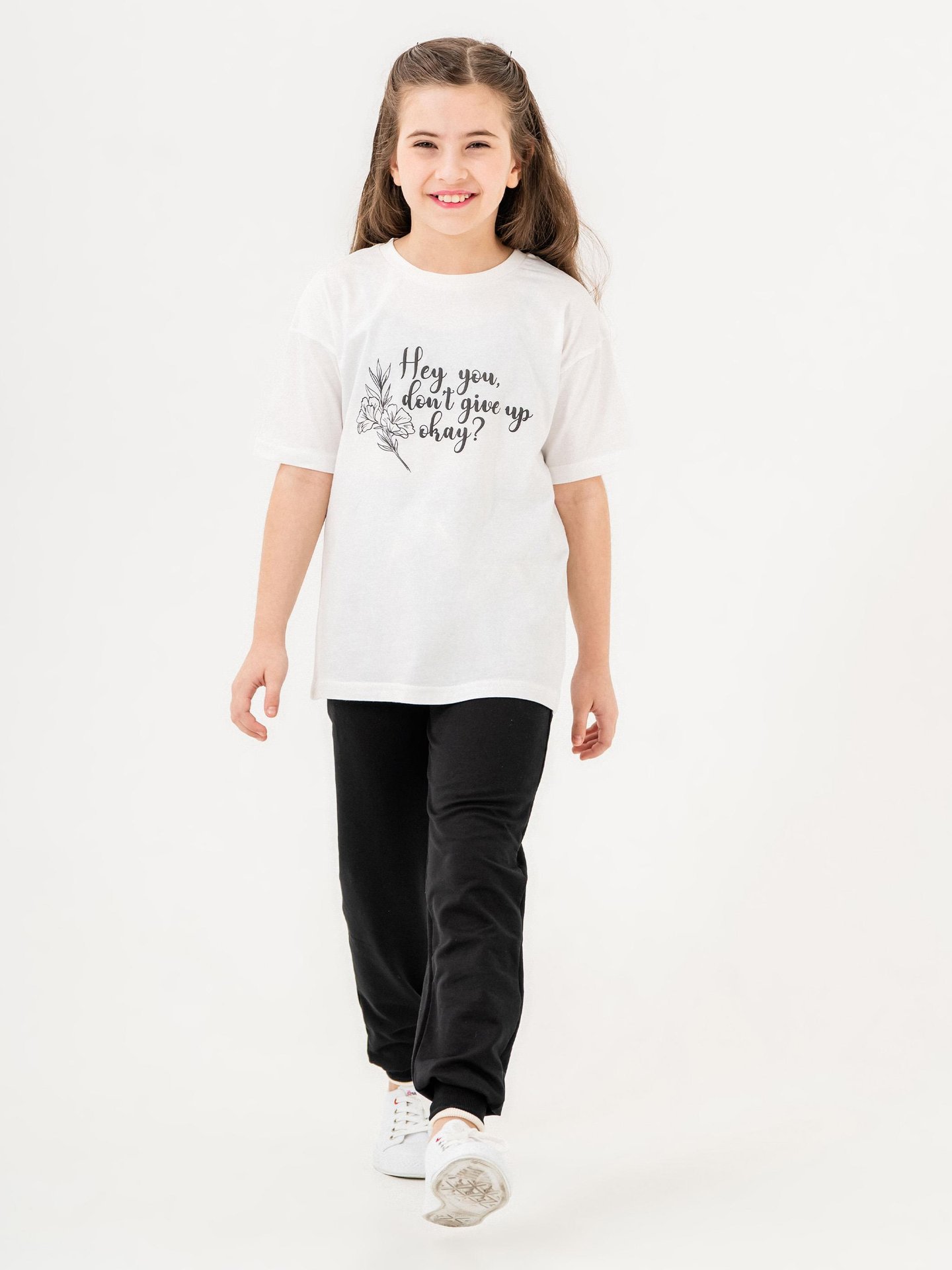 Hey You Dont Give Up Okay? Baskılı Kız Çocuk Eşofman Tişört Takımı
