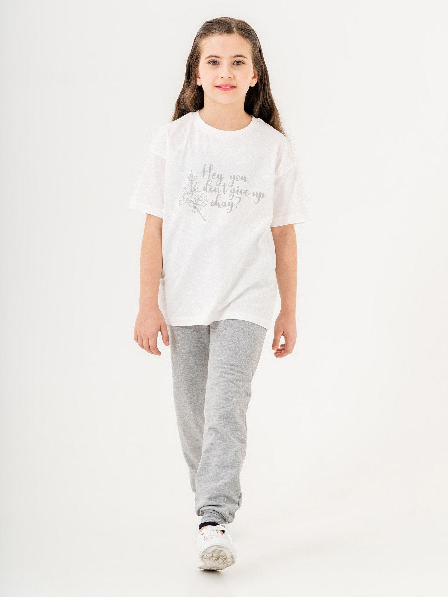 Hey You Dont Give Up Okay? Baskılı Kız Çocuk Eşofman Tişört Takımı