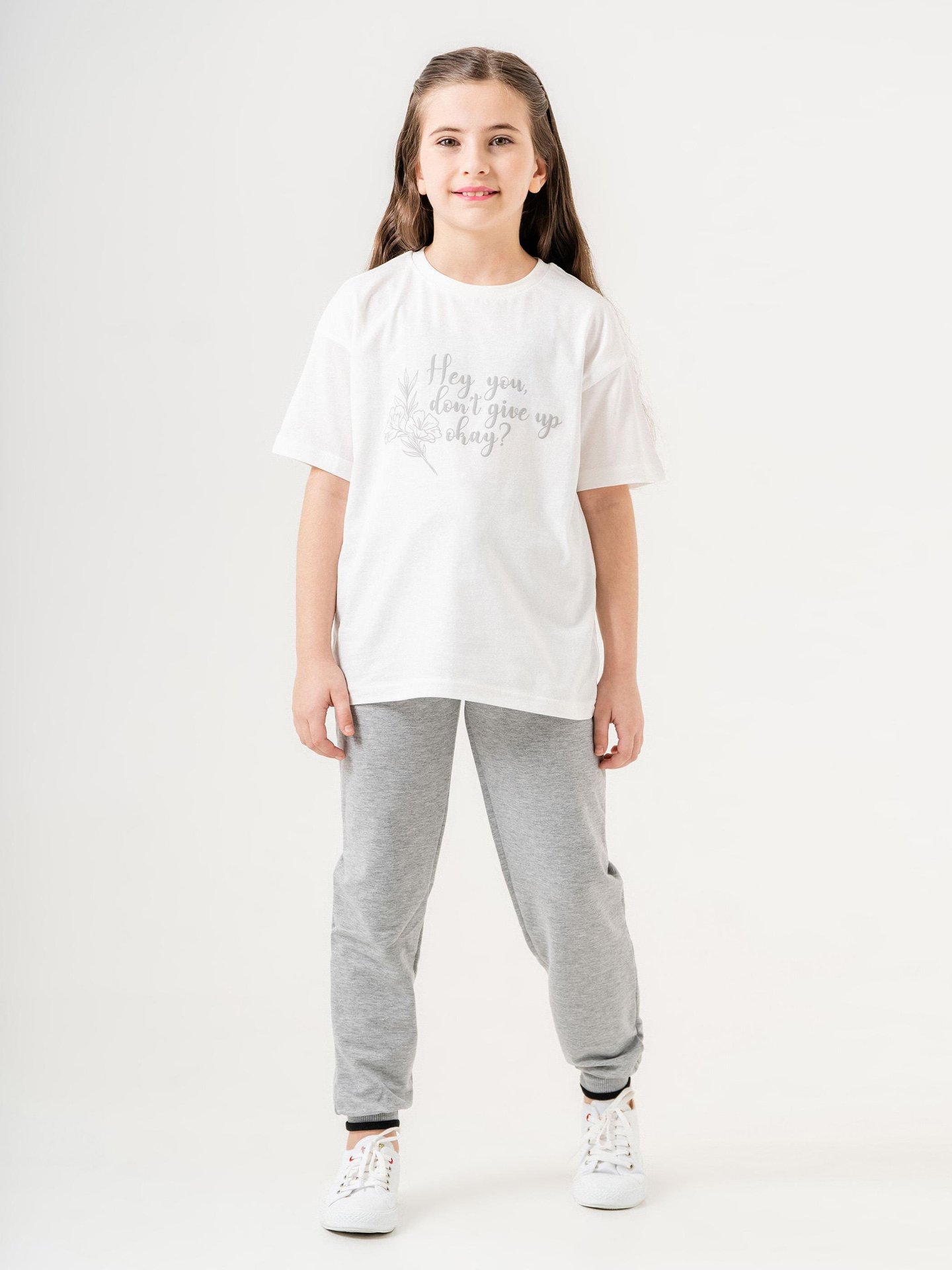 Hey You Dont Give Up Okay? Baskılı Kız Çocuk Eşofman Tişört Takımı