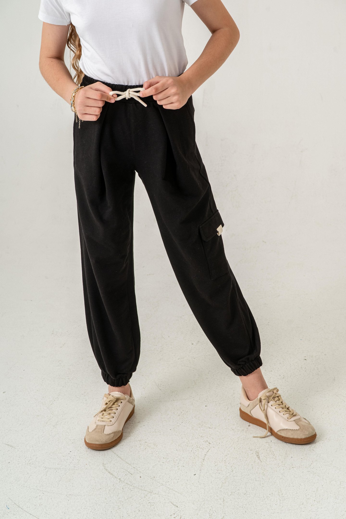 Kargo Cepli Paça Lastikli Cep Kapagı Balıksırtlı Kız Çocuk Eşofman Altı