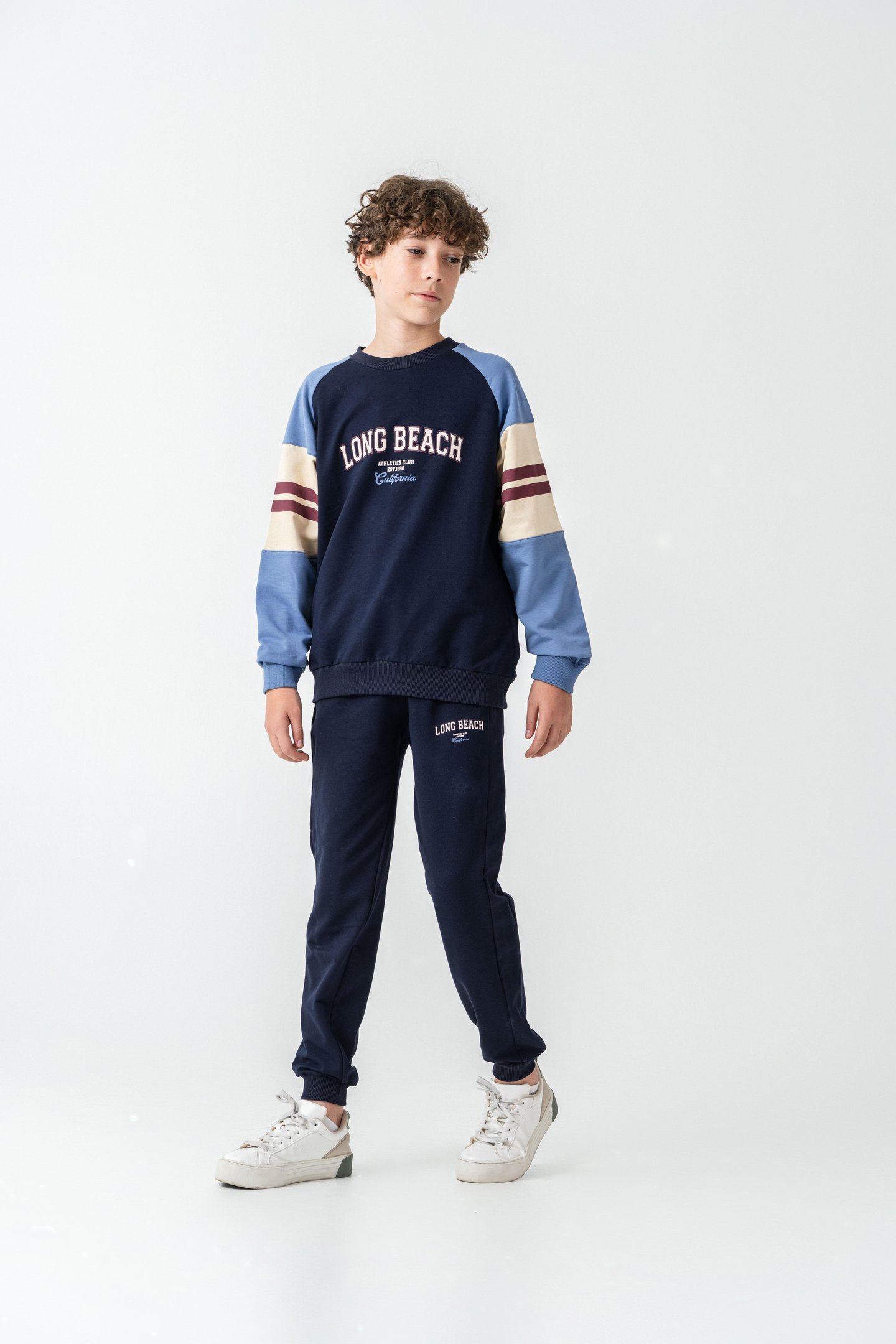 Long Beach Baskılı Üst Sweat Kollar Garnili  Erkek Çocuk Alt Üst Eşofman Takımı