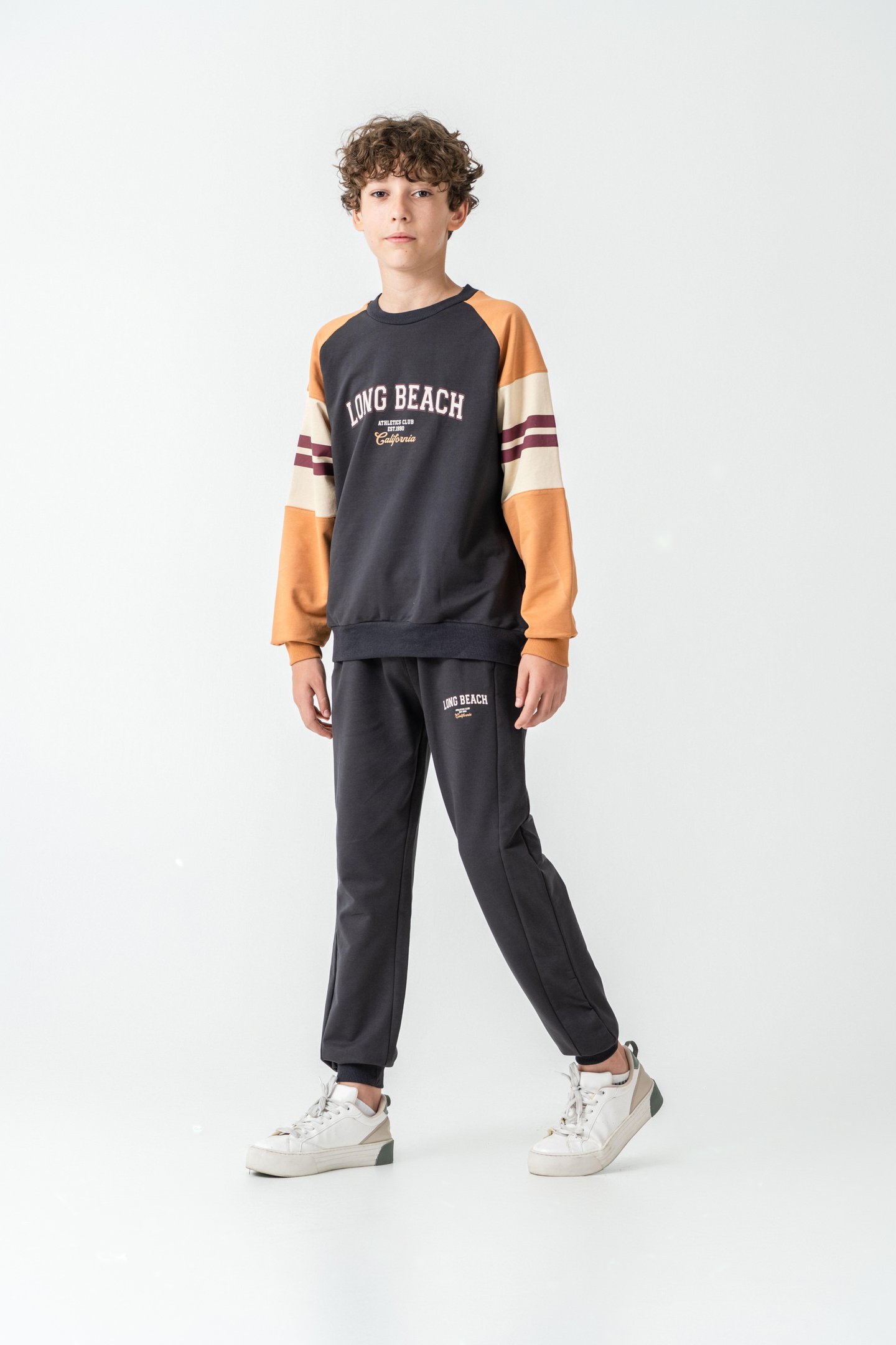 Long Beach Baskılı Üst Sweat Kollar Garnili  Erkek Çocuk Alt Üst Eşofman Takımı