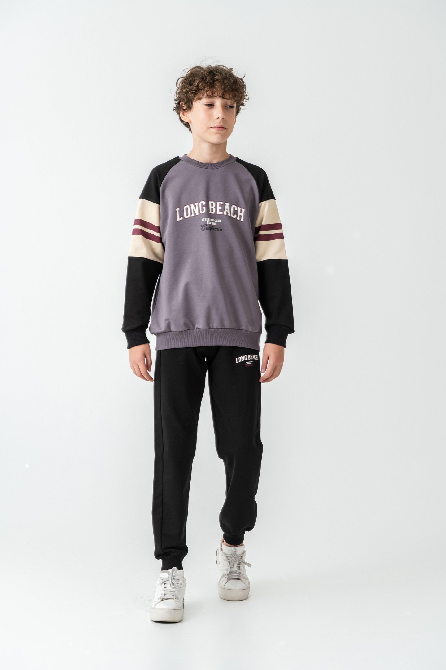 Long Beach Baskılı Üst Sweat Kollar Garnili  Erkek Çocuk Alt Üst Eşofman Takımı