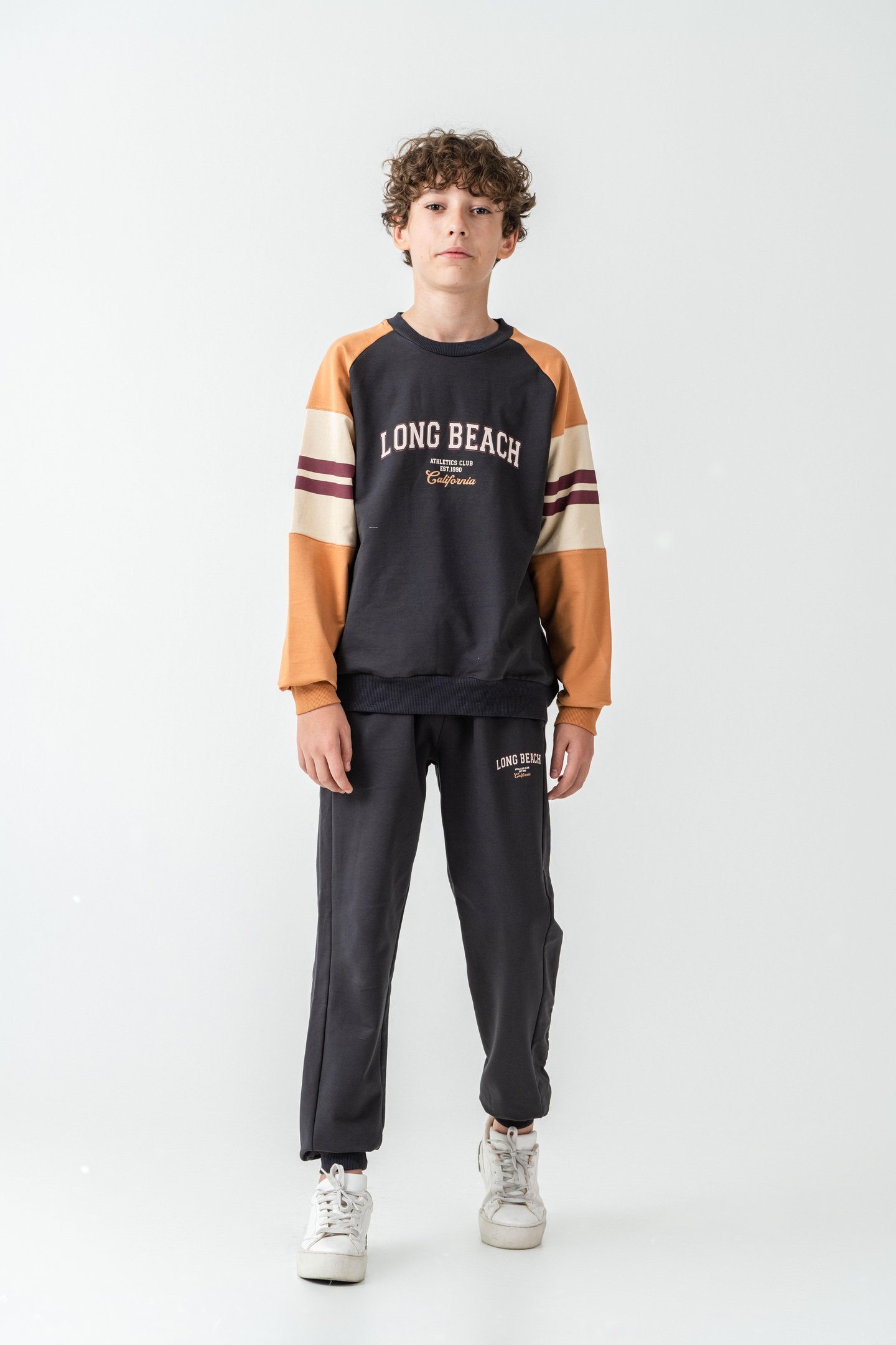 Long Beach Baskılı Üst Sweat Kollar Garnili  Erkek Çocuk Alt Üst Eşofman Takımı