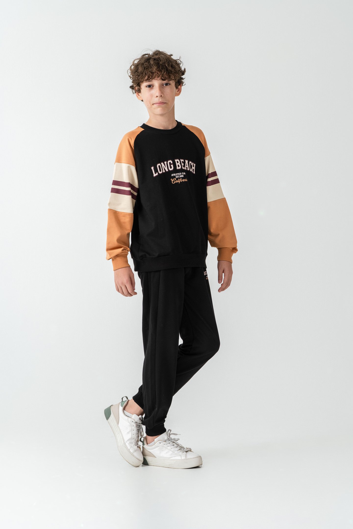 Long Beach Baskılı Üst Sweat Kollar Garnili  Erkek Çocuk Alt Üst Eşofman Takımı