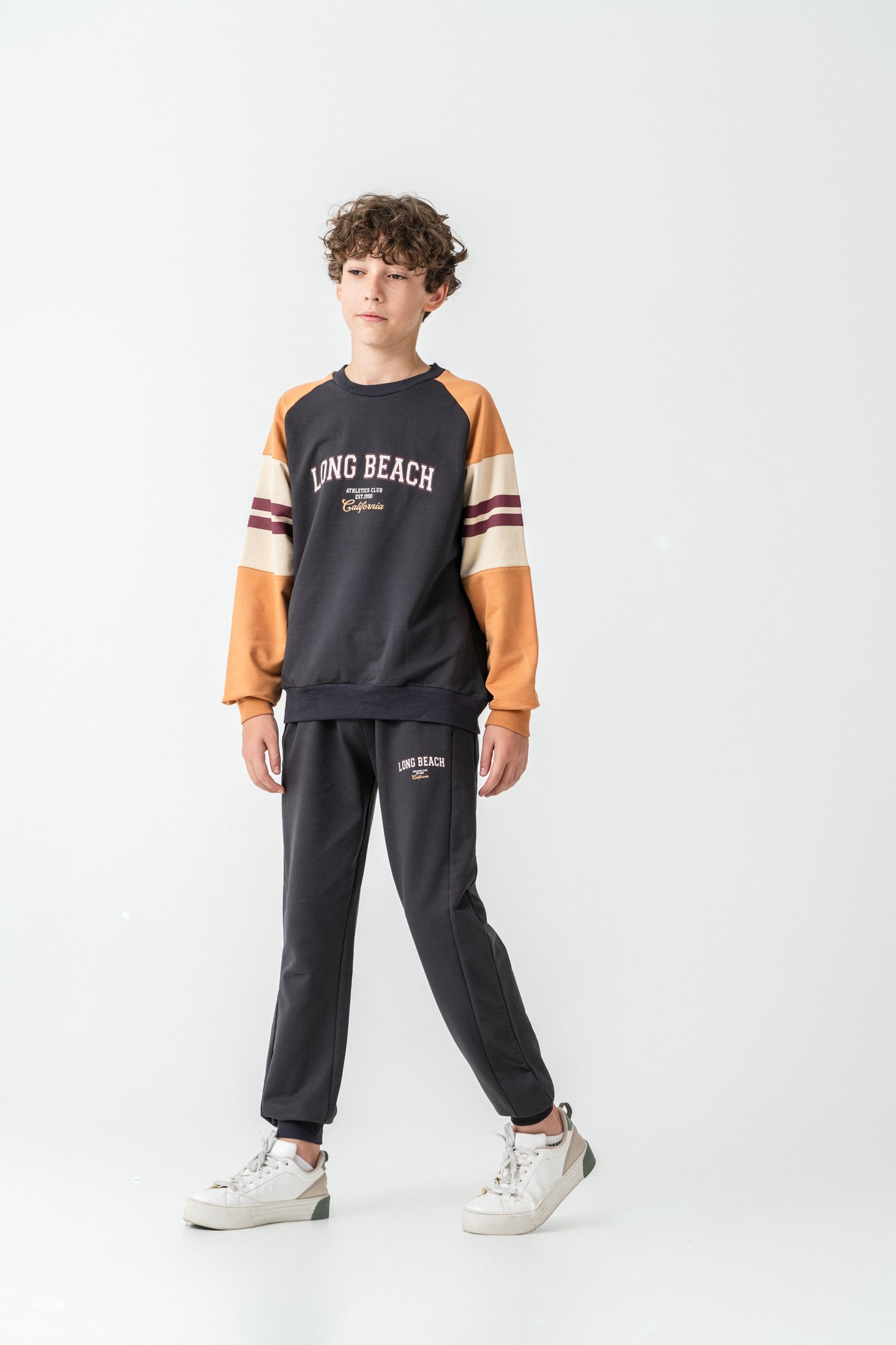 Long Beach Baskılı Üst Sweat Kollar Garnili  Erkek Çocuk Alt Üst Eşofman Takımı