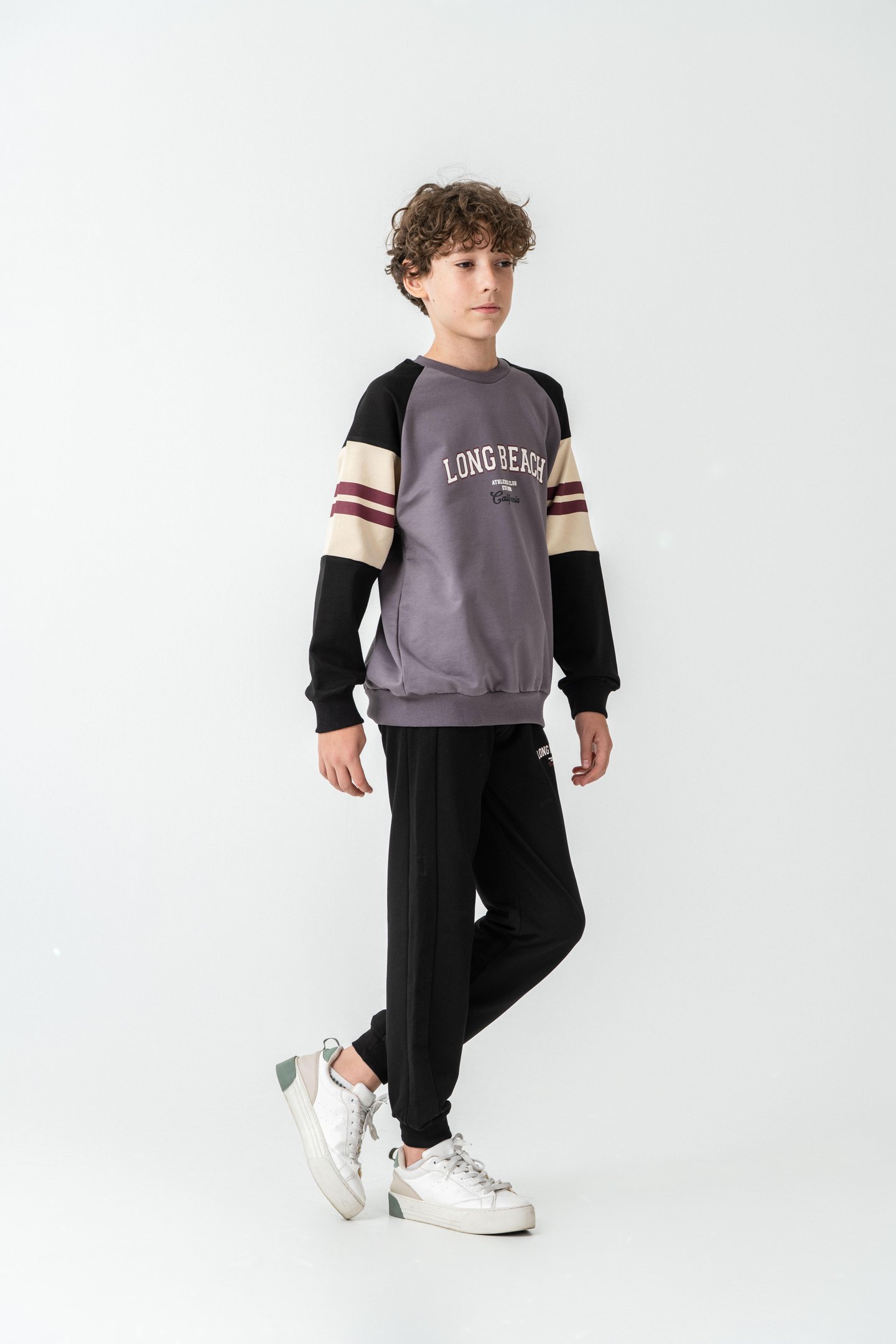 Long Beach Baskılı Üst Sweat Kollar Garnili  Erkek Çocuk Alt Üst Eşofman Takımı