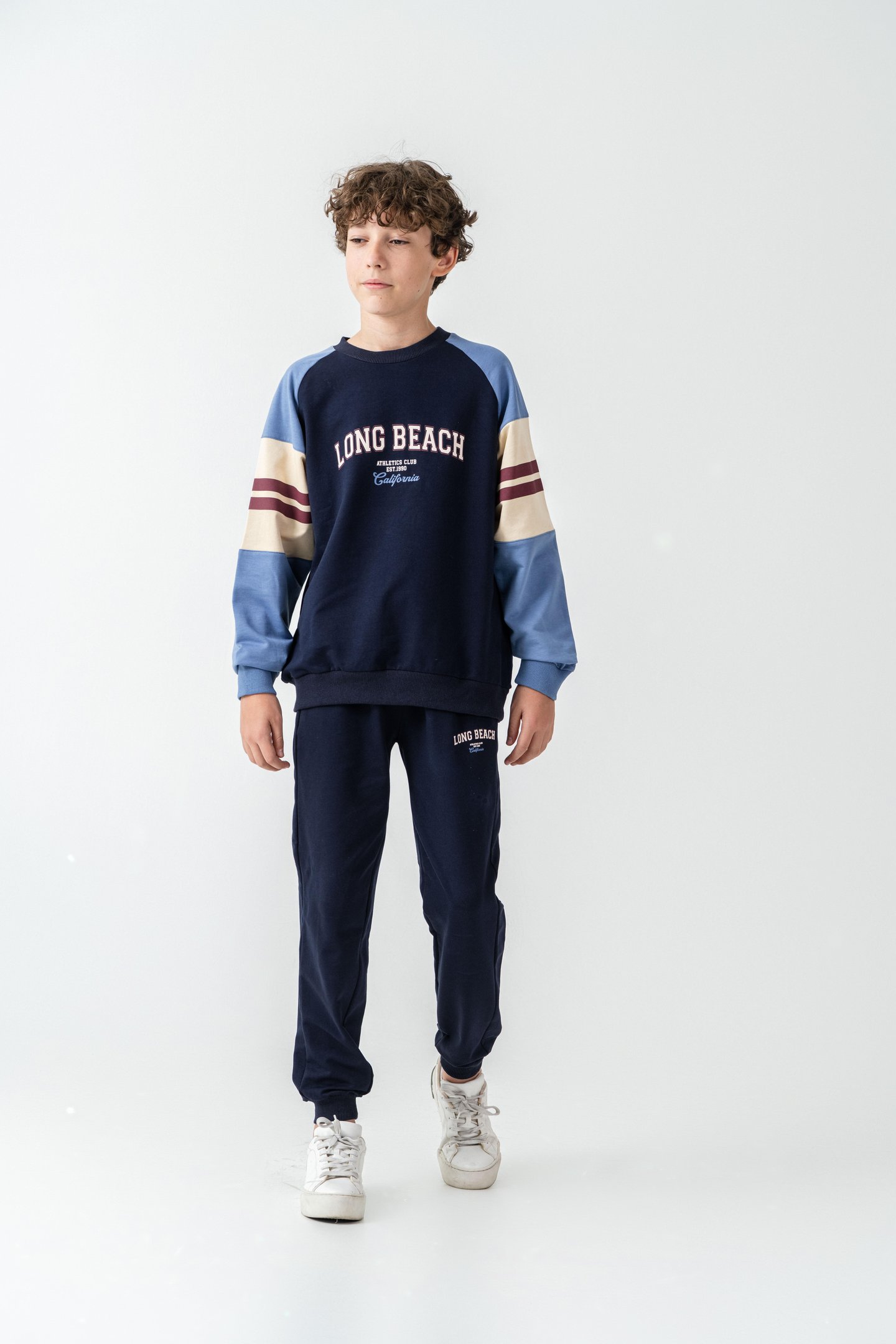 Long Beach Baskılı Üst Sweat Kollar Garnili  Erkek Çocuk Alt Üst Eşofman Takımı