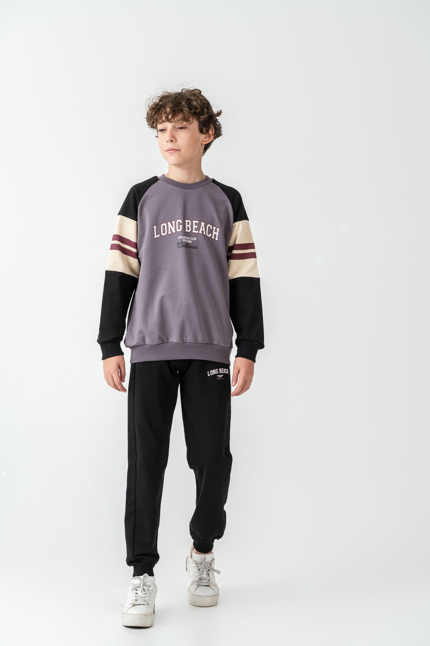 Long Beach Baskılı Üst Sweat Kollar Garnili  Erkek Çocuk Alt Üst Eşofman Takımı