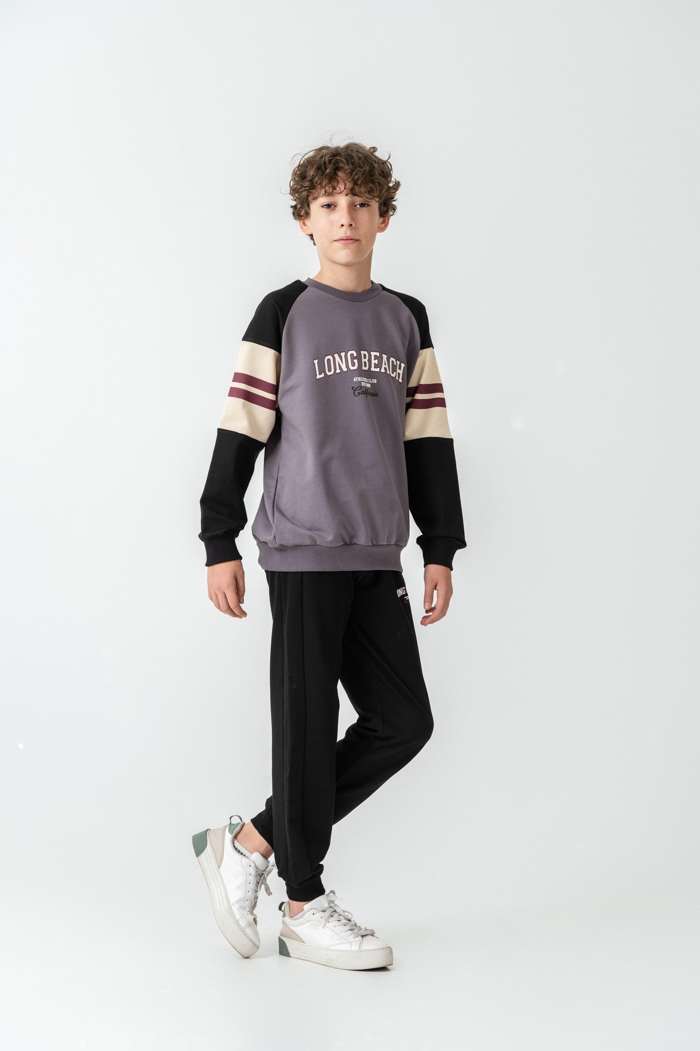 Long Beach Baskılı Üst Sweat Kollar Garnili  Erkek Çocuk Alt Üst Eşofman Takımı