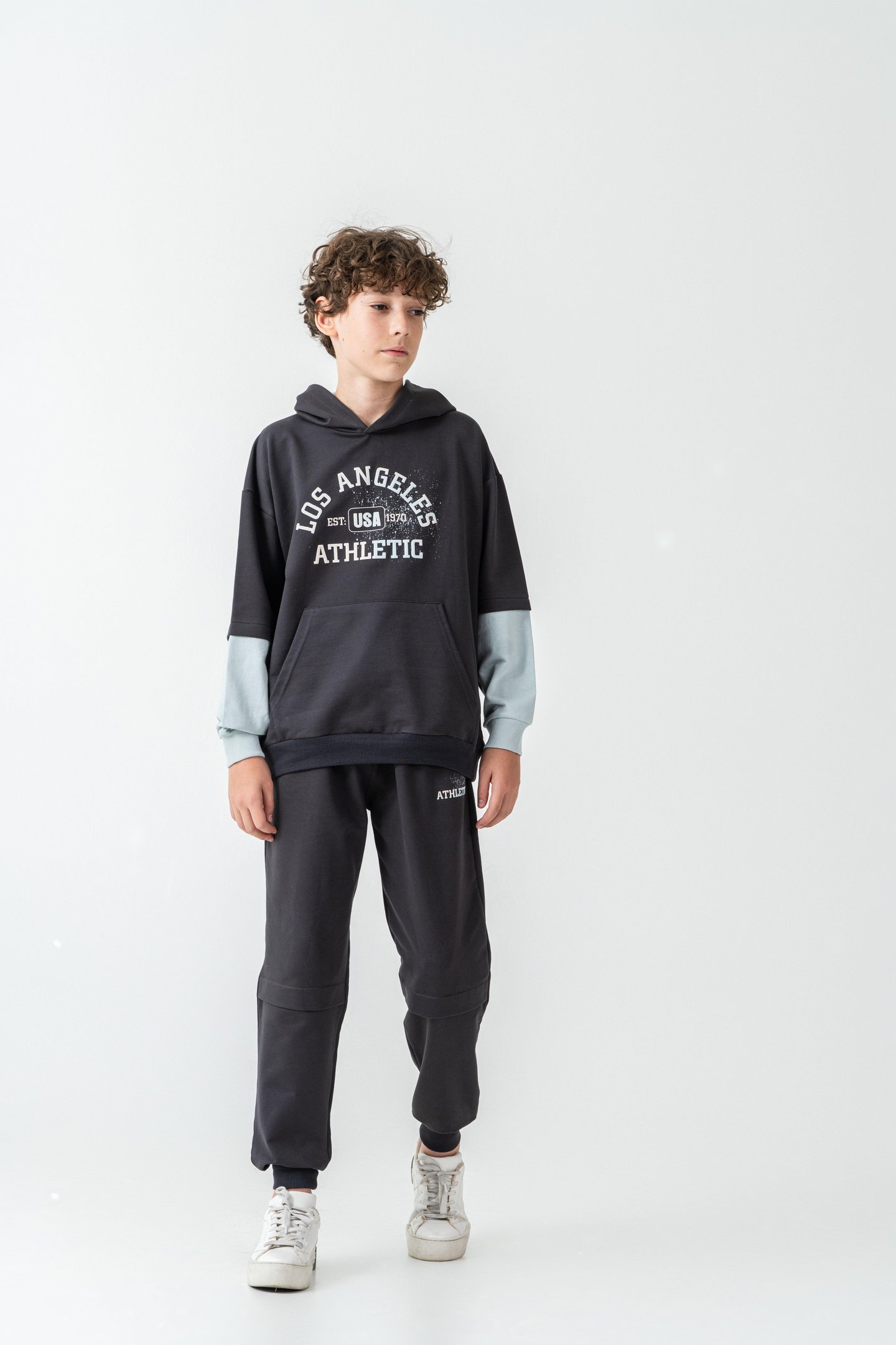 Los Angels Athletic Baskılı Kapüşonlu Kanguru Cepli Erkek Çocuk Alt Üst Eşofman Takımı
