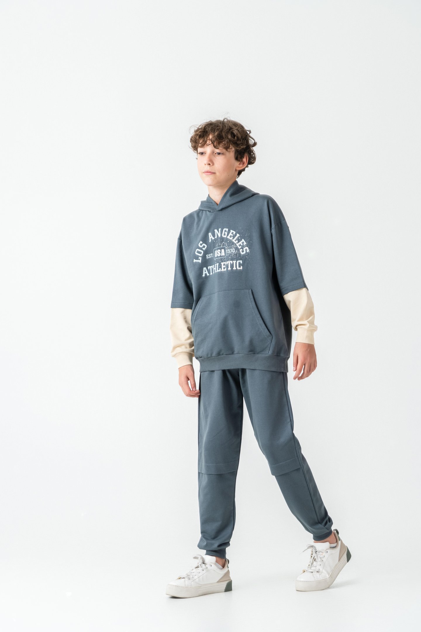 Los Angels Athletic Baskılı Kapüşonlu Kanguru Cepli Erkek Çocuk Alt Üst Eşofman Takımı