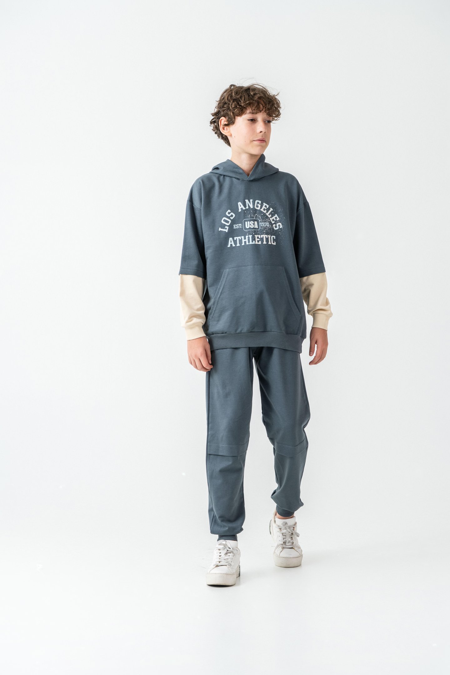 Los Angels Athletic Baskılı Kapüşonlu Kanguru Cepli Erkek Çocuk Alt Üst Eşofman Takımı