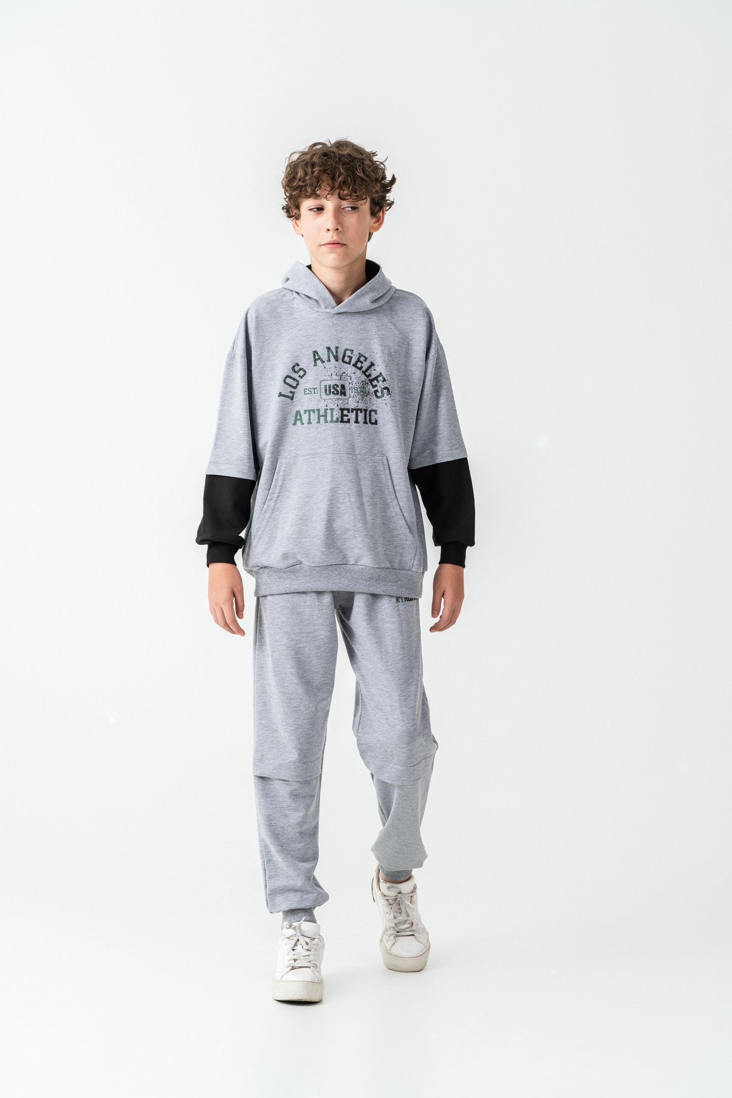 Los Angels Athletic Baskılı Kapüşonlu Kanguru Cepli Erkek Çocuk Alt Üst Eşofman Takımı