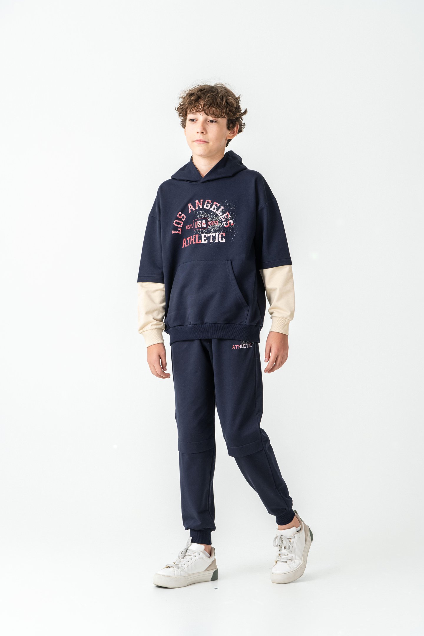 Los Angels Athletic Baskılı Kapüşonlu Kanguru Cepli Erkek Çocuk Alt Üst Eşofman Takımı