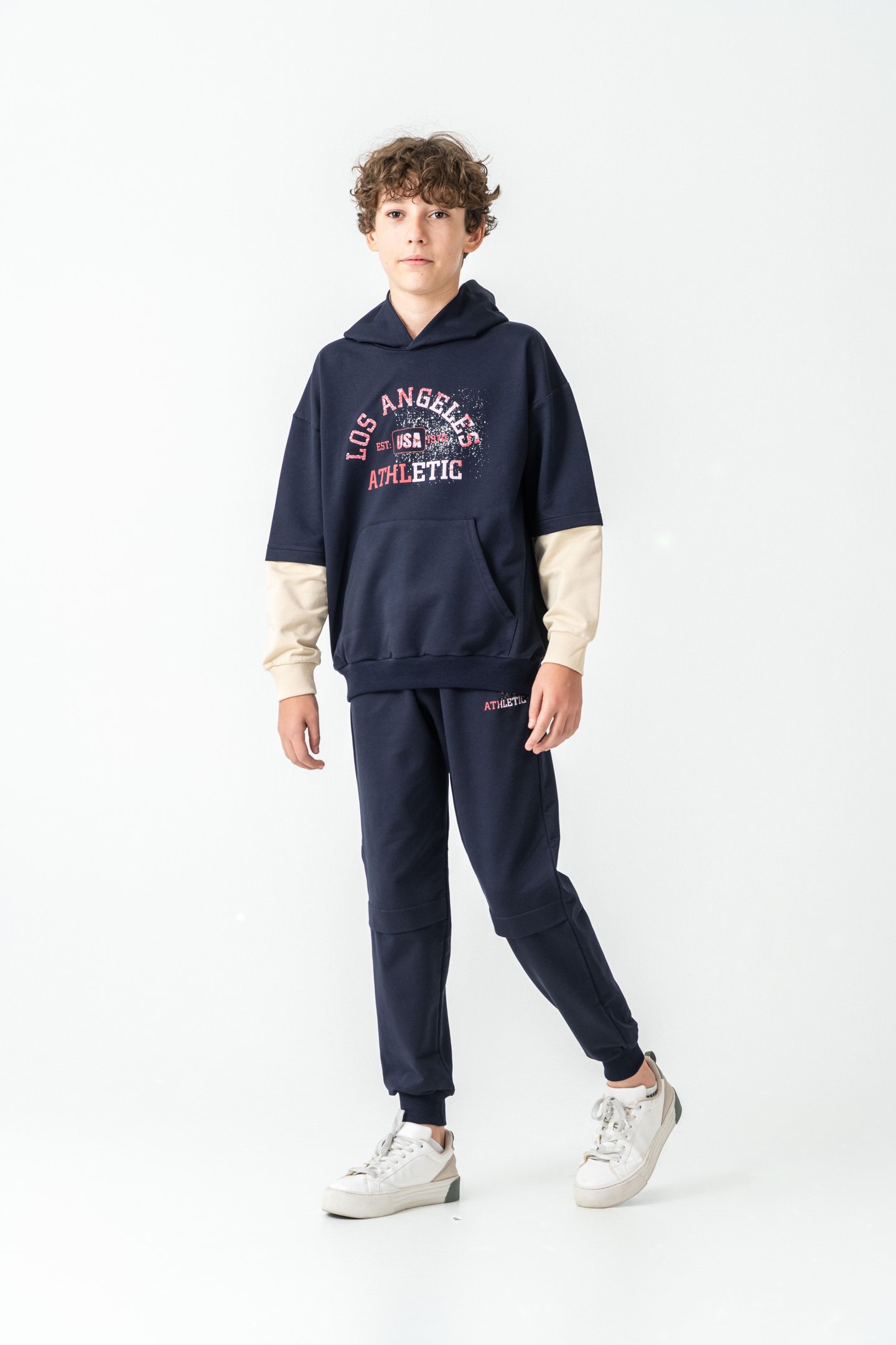 Los Angels Athletic Baskılı Kapüşonlu Kanguru Cepli Erkek Çocuk Alt Üst Eşofman Takımı