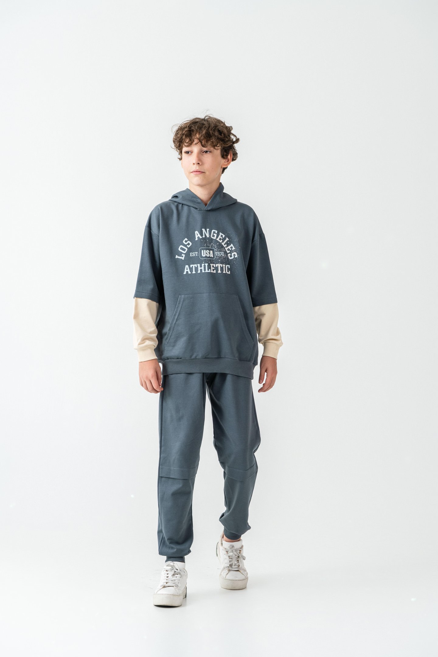 Los Angels Athletic Baskılı Kapüşonlu Kanguru Cepli Erkek Çocuk Alt Üst Eşofman Takımı