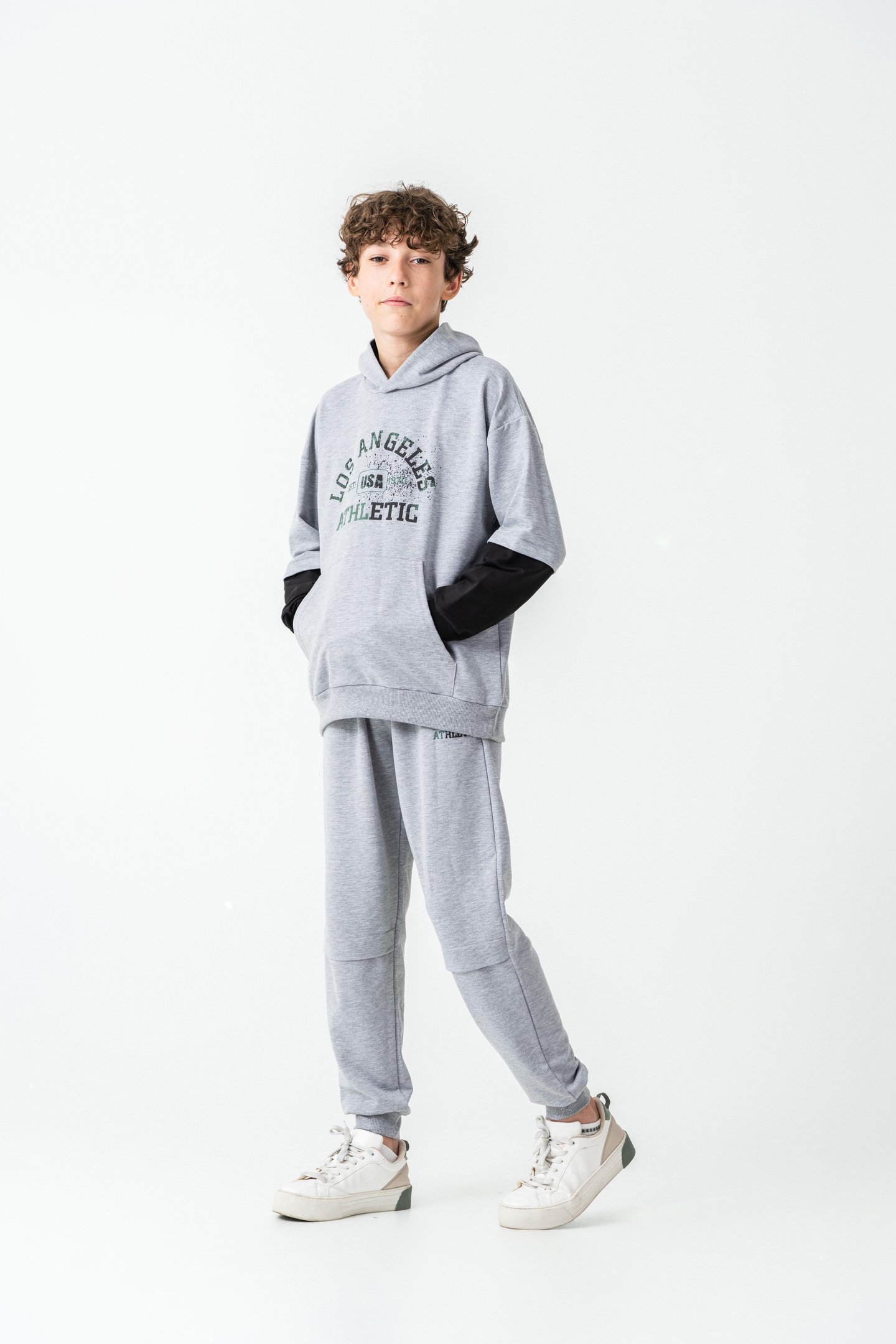 Los Angels Athletic Baskılı Kapüşonlu Kanguru Cepli Erkek Çocuk Alt Üst Eşofman Takımı