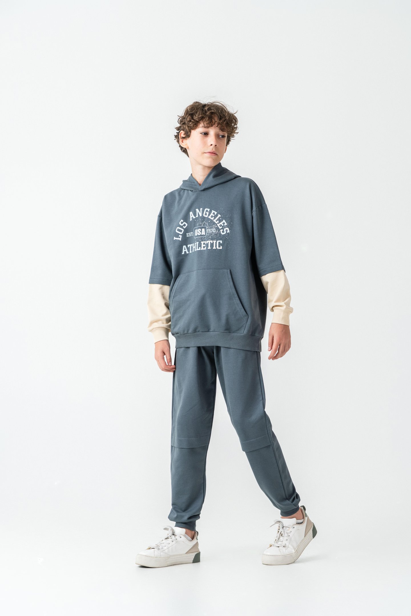 Los Angels Athletic Baskılı Kapüşonlu Kanguru Cepli Erkek Çocuk Alt Üst Eşofman Takımı