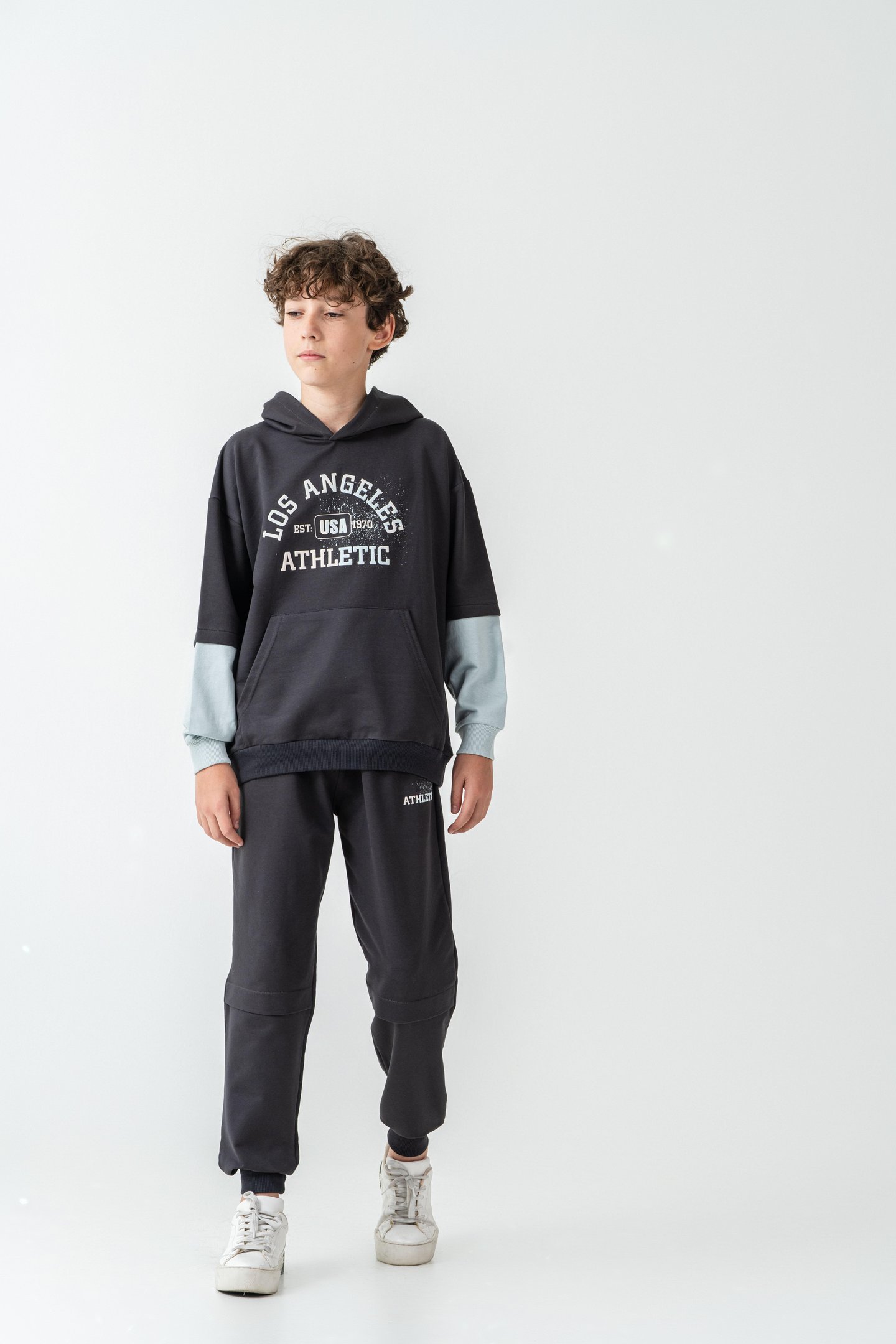 Los Angels Athletic Baskılı Kapüşonlu Kanguru Cepli Erkek Çocuk Alt Üst Eşofman Takımı