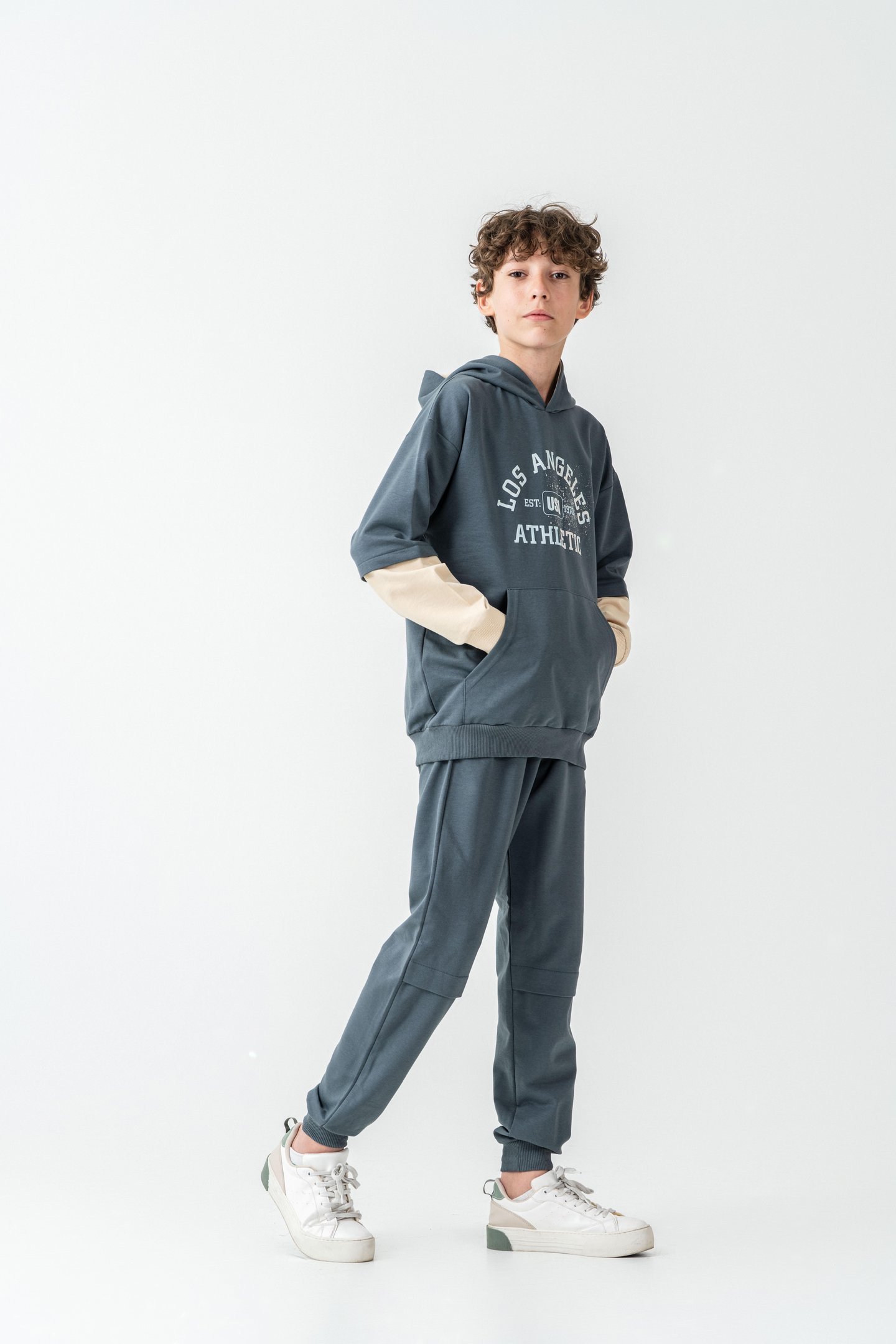 Los Angels Athletic Baskılı Kapüşonlu Kanguru Cepli Erkek Çocuk Alt Üst Eşofman Takımı