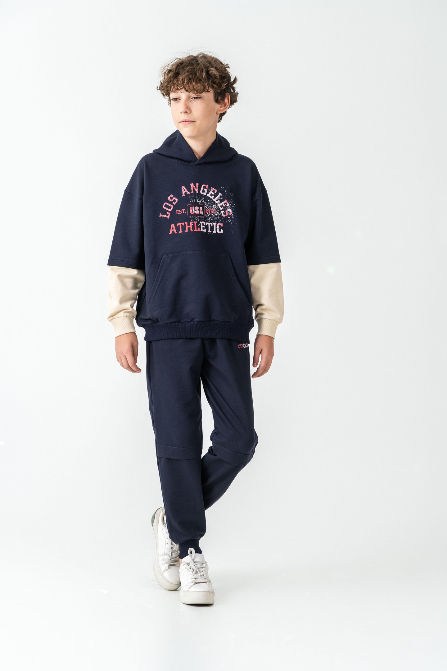 Los Angels Athletic Baskılı Kapüşonlu Kanguru Cepli Erkek Çocuk Alt Üst Eşofman Takımı