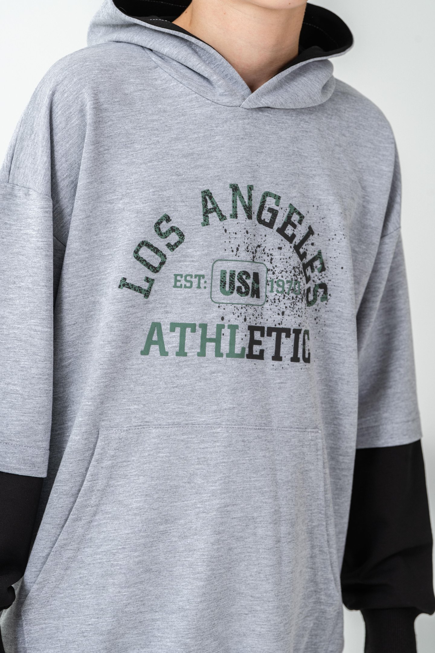 Los Angels Athletic Baskılı Kapüşonlu Kanguru Cepli Erkek Çocuk Alt Üst Eşofman Takımı