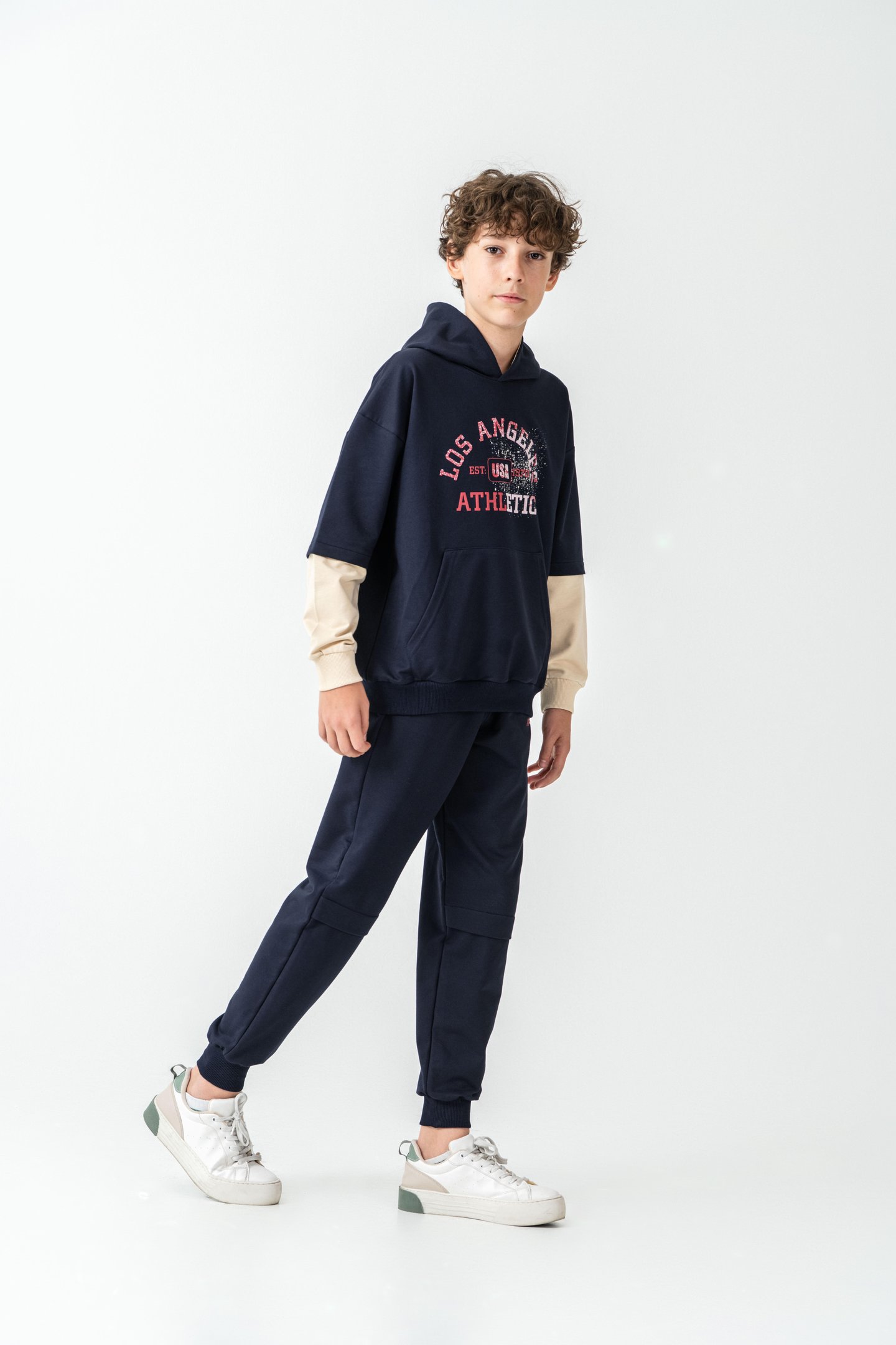 Los Angels Athletic Baskılı Kapüşonlu Kanguru Cepli Erkek Çocuk Alt Üst Eşofman Takımı