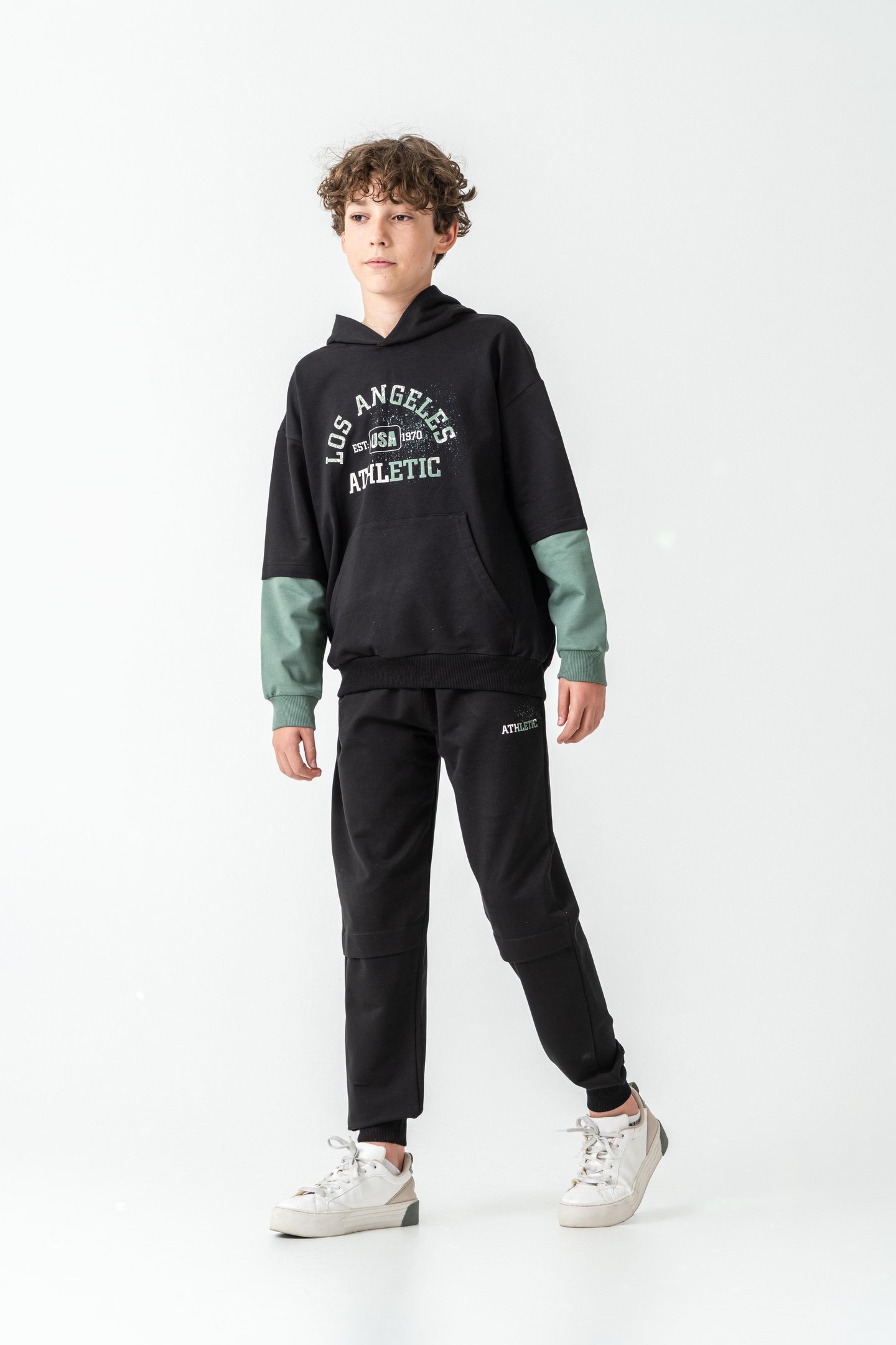 Los Angels Athletic Baskılı Kapüşonlu Kanguru Cepli Erkek Çocuk Alt Üst Eşofman Takımı