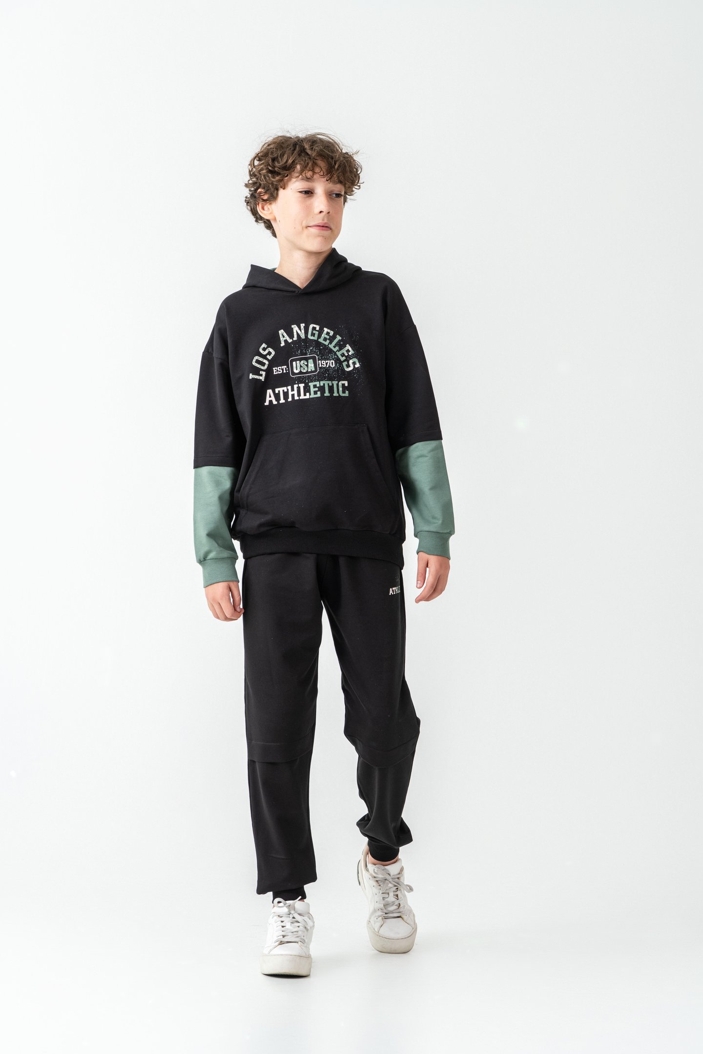 Los Angels Athletic Baskılı Kapüşonlu Kanguru Cepli Erkek Çocuk Alt Üst Eşofman Takımı
